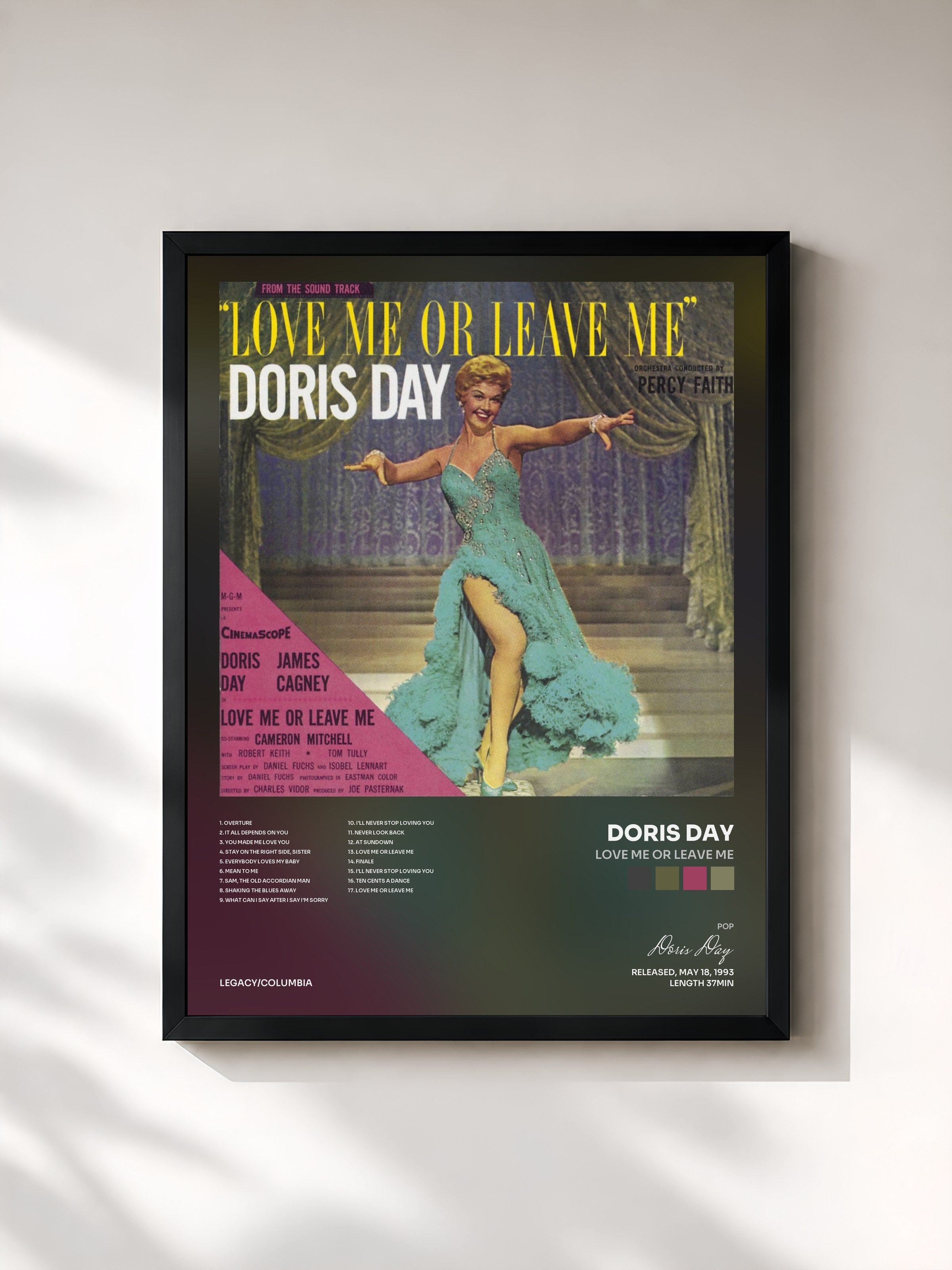 #noir Tableau de l'album Love Me Or Leave Me de Doris Day, cadre noir, imprimé et encadré en France