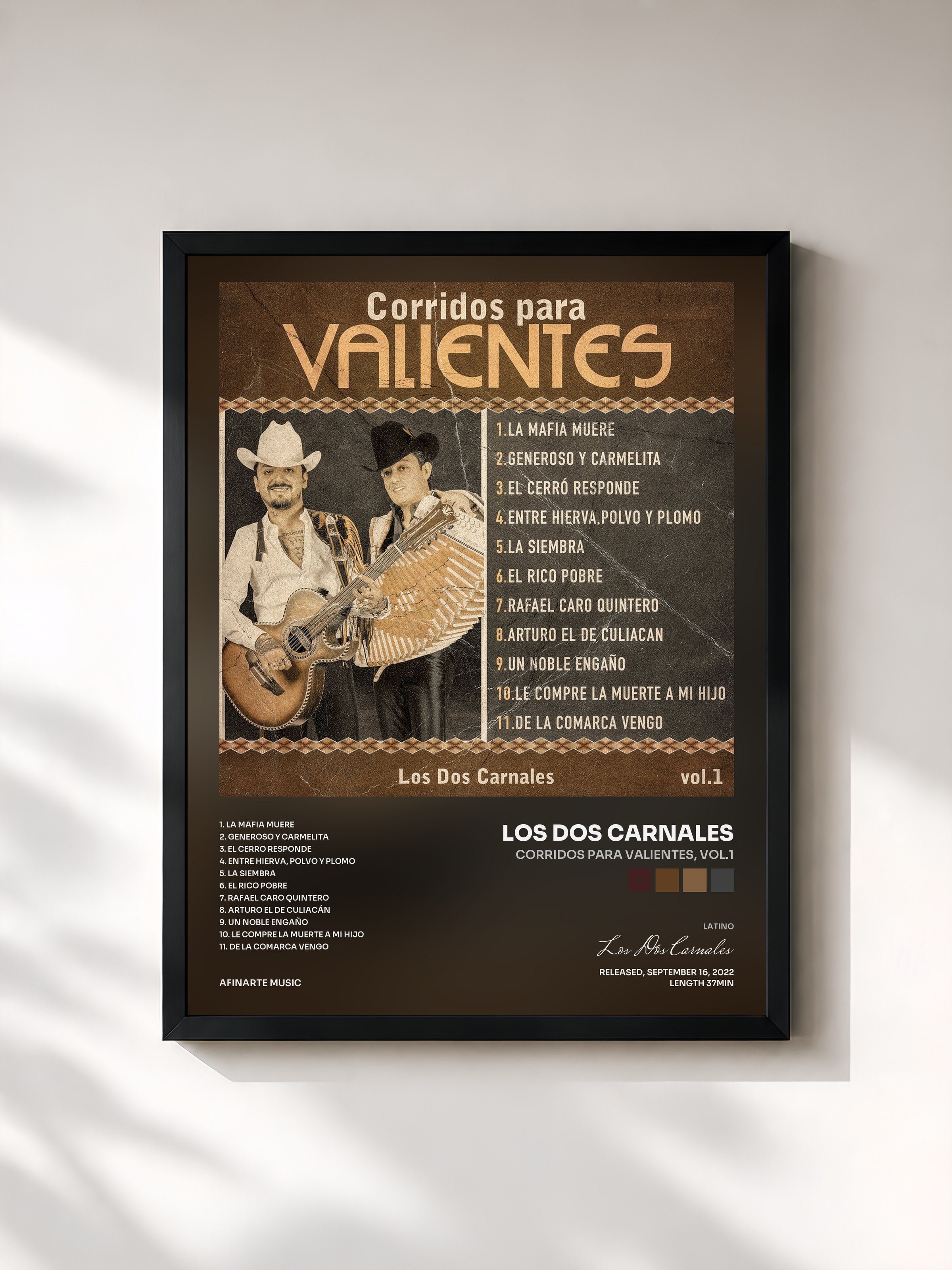 #noir Tableau de l'album Corridos Para Valientes, Vol.1 de Los Dos Carnales, cadre noir, imprimé et encadré en France