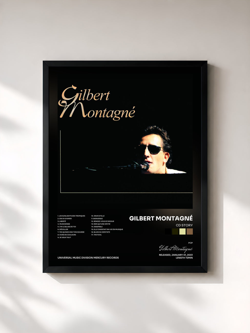 #noir Tableau de l'album CD STory de Gilbert Montagné, cadre noir, imprimé et encadré en France