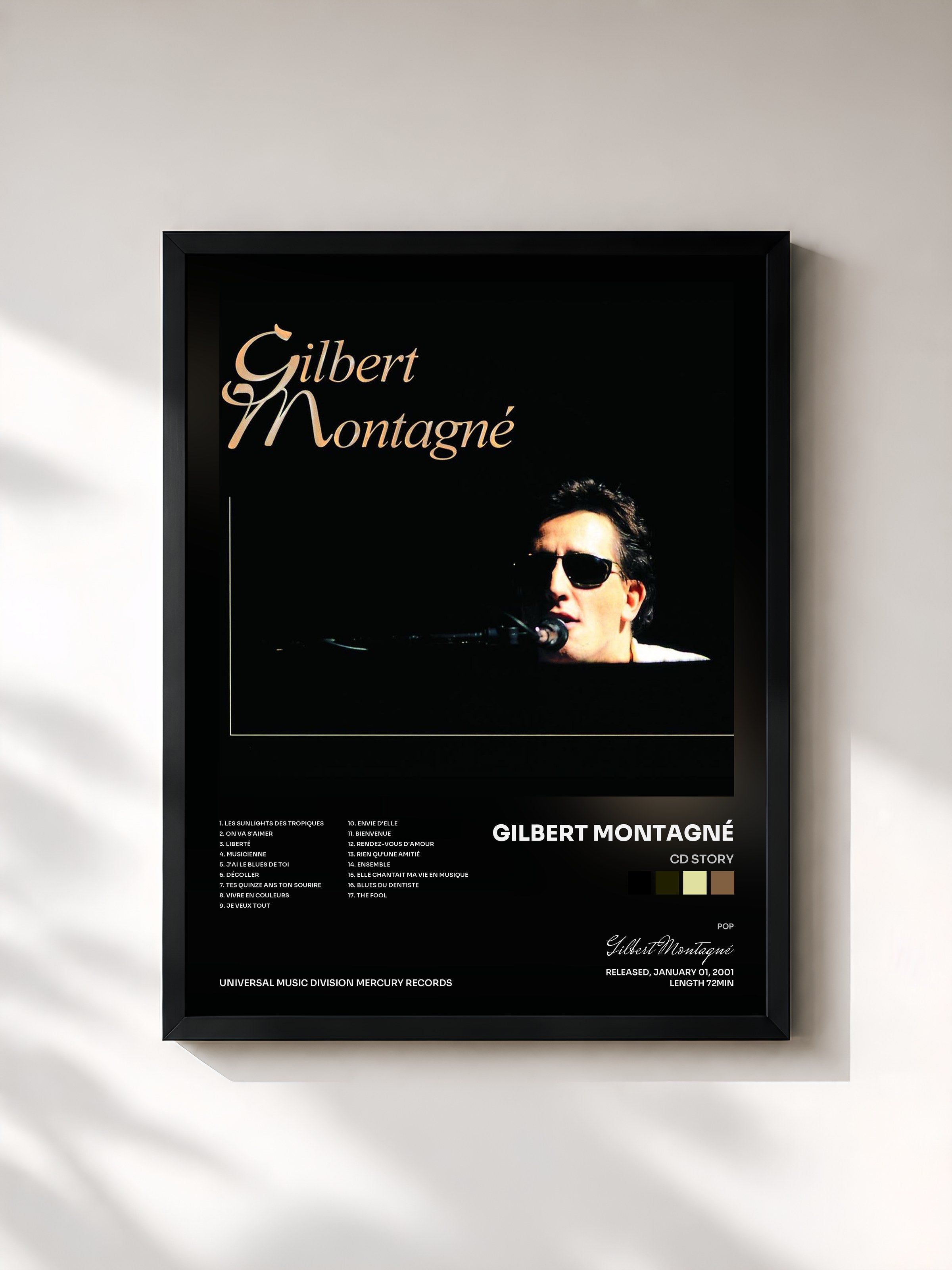 #noir Tableau de l'album CD STory de Gilbert Montagné, cadre noir, imprimé et encadré en France