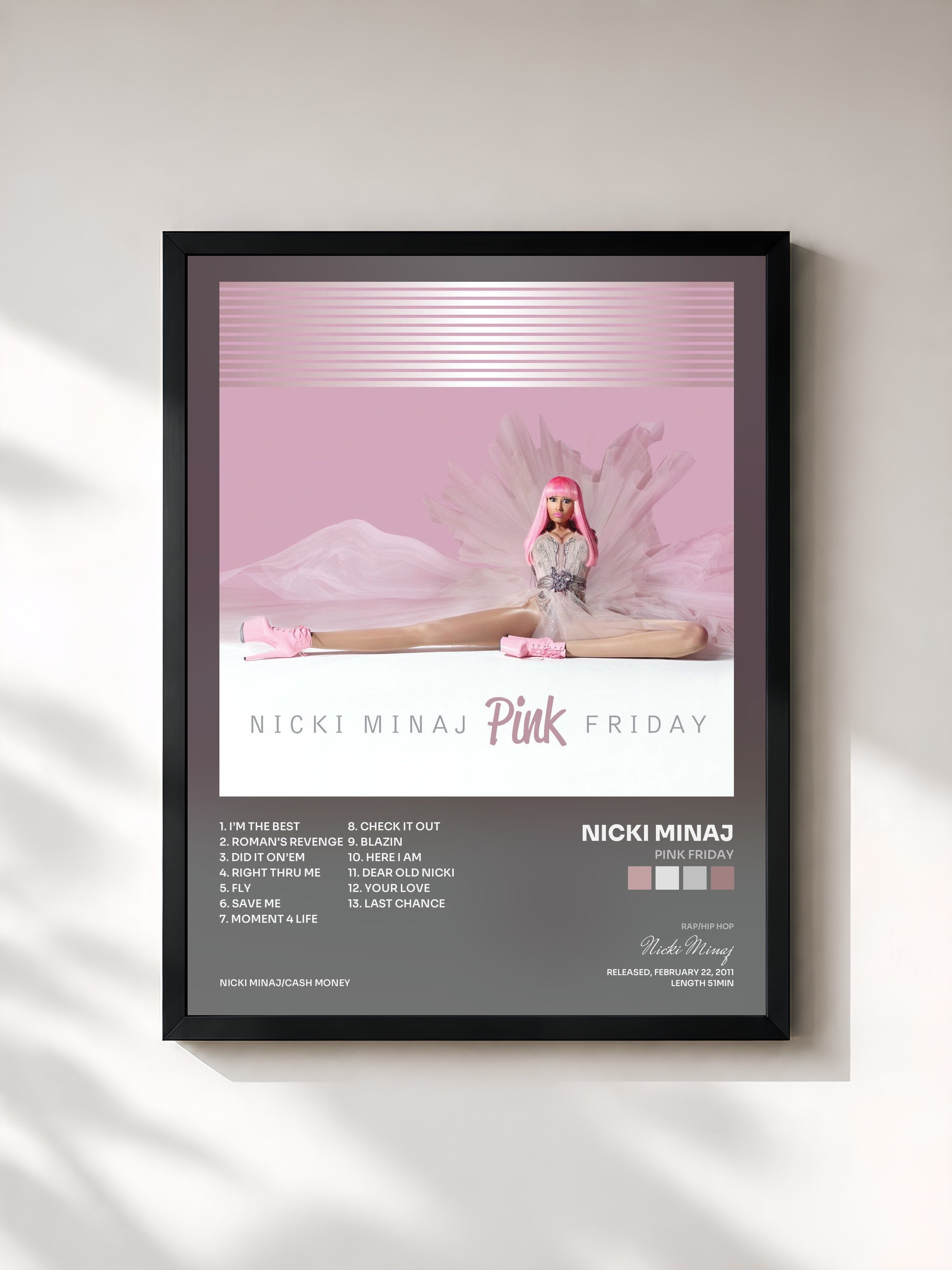 #noir Tableau de l'album Pink Friday de Nicki Minaj, cadre noir, imprimé et encadré en France