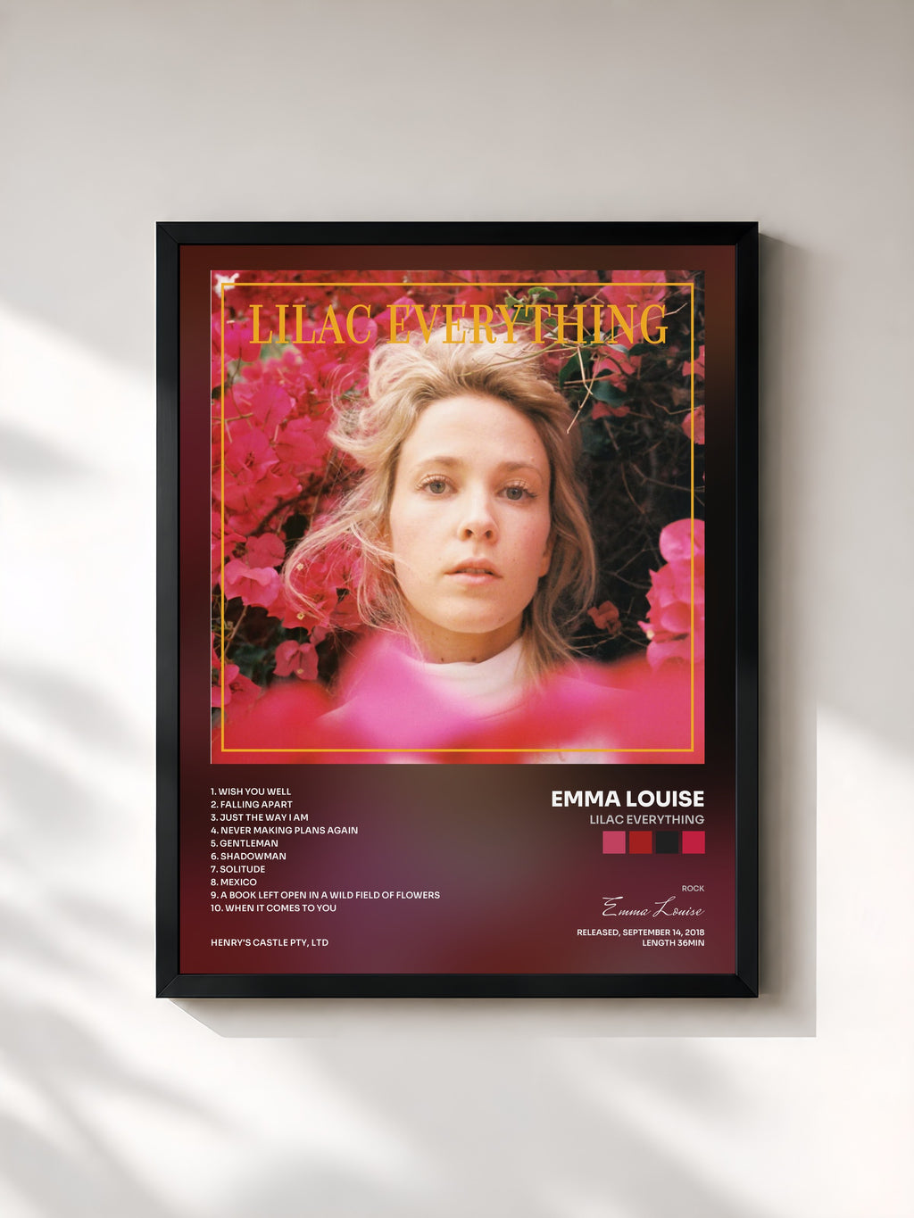 #noir Tableau de l'album Lilac Everything de Emma Louise, cadre noir, imprimé et encadré en France