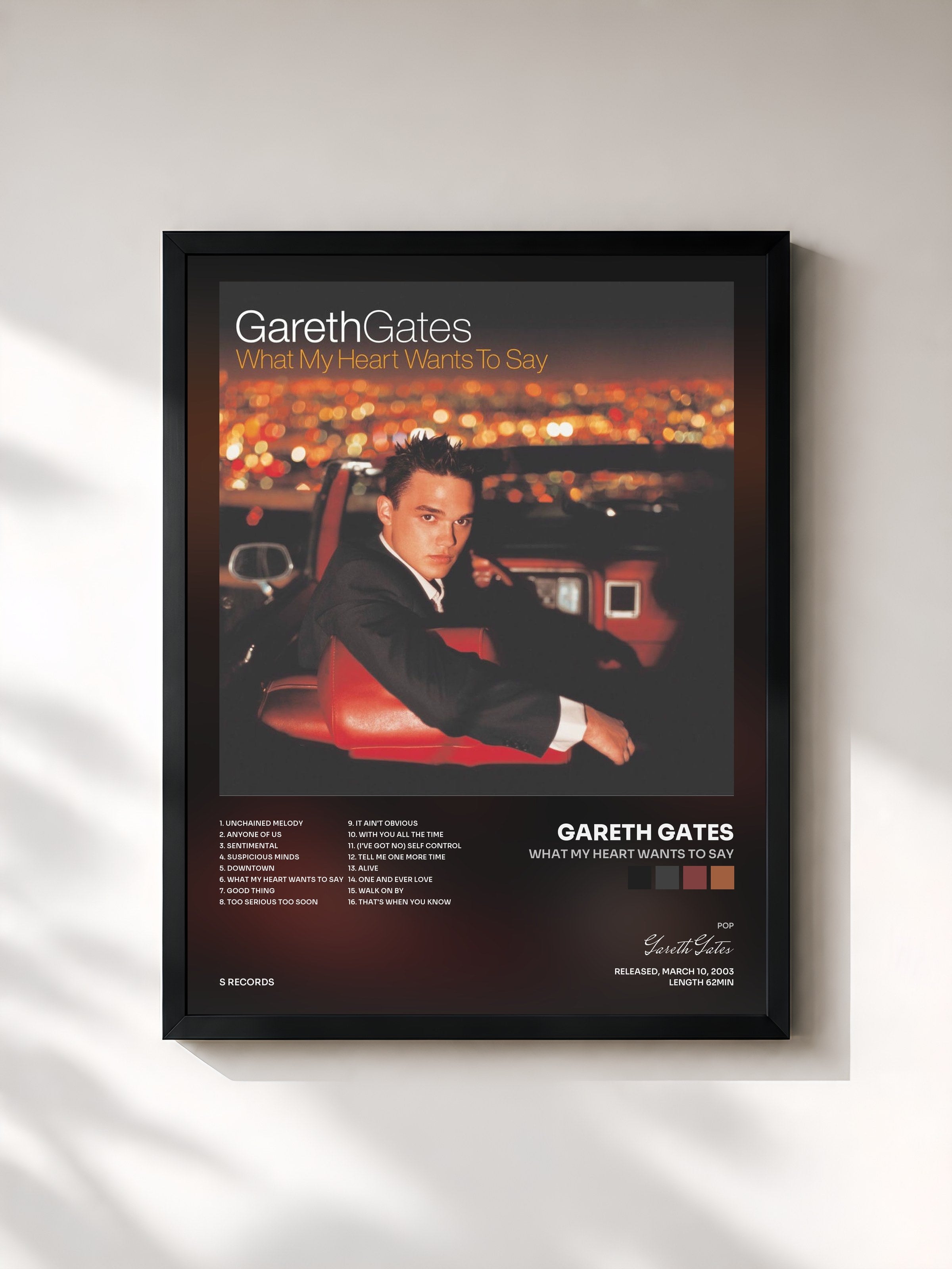 #noir Tableau de l'album What My Heart Wants To Say de Gareth Gates, cadre noir, imprimé et encadré en France
