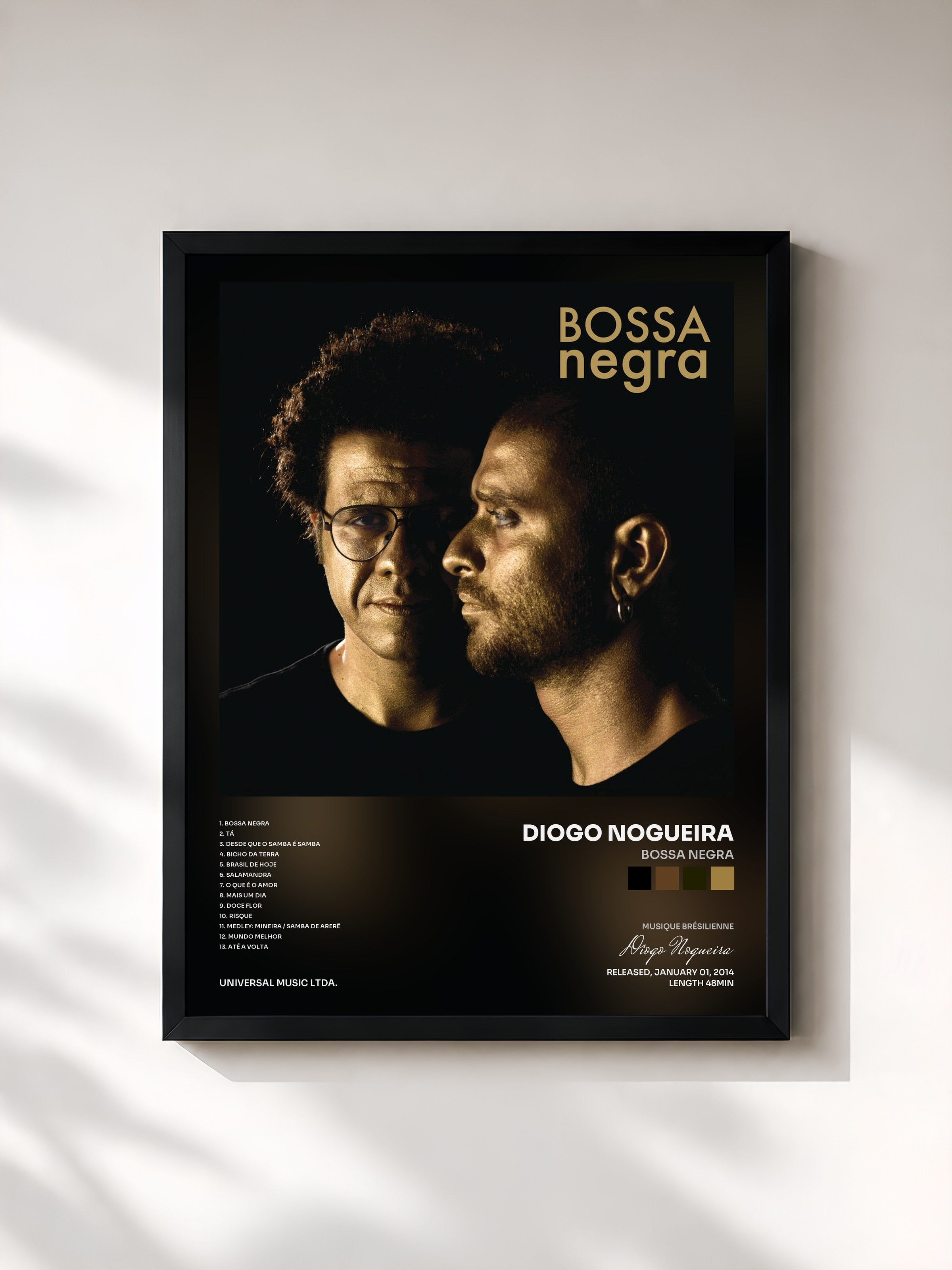 #noir Tableau de l'album Bossa Negra de Diogo Nogueira, cadre noir, imprimé et encadré en France