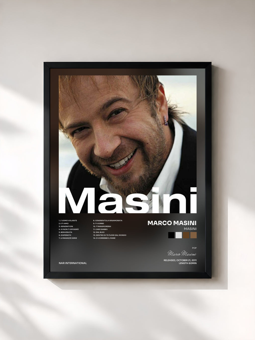 #noir Tableau de l'album Masini de Marco Masini, cadre noir, imprimé et encadré en France