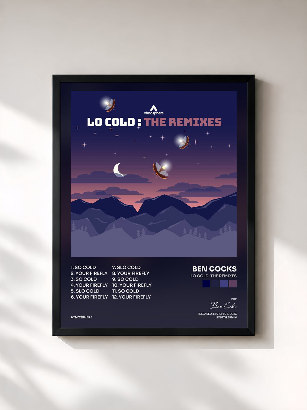 #noir Tableau de l'album Lo Cold: The Remixes de Ben Cocks, cadre noir, imprimé et encadré en France