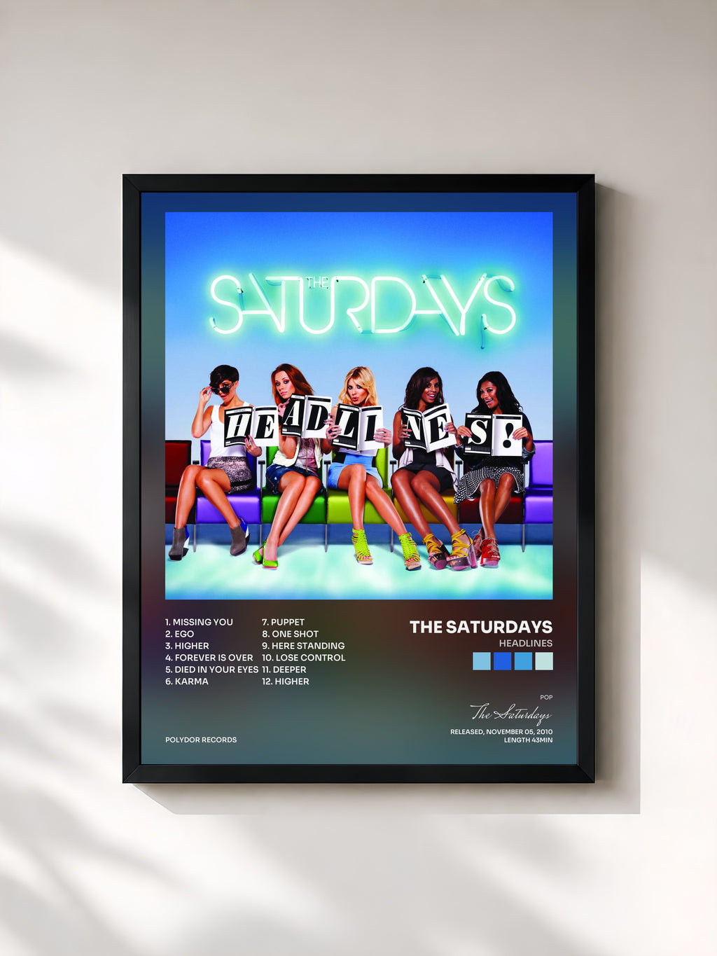 #noir Tableau de l'album Headlines de The Saturdays, cadre noir, imprimé et encadré en France