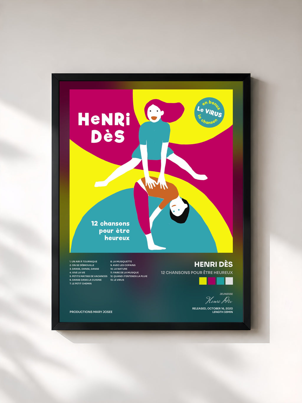 #noir Tableau de l'album 12 chansons pour être heureux de Henri Dès, cadre noir, imprimé et encadré en France