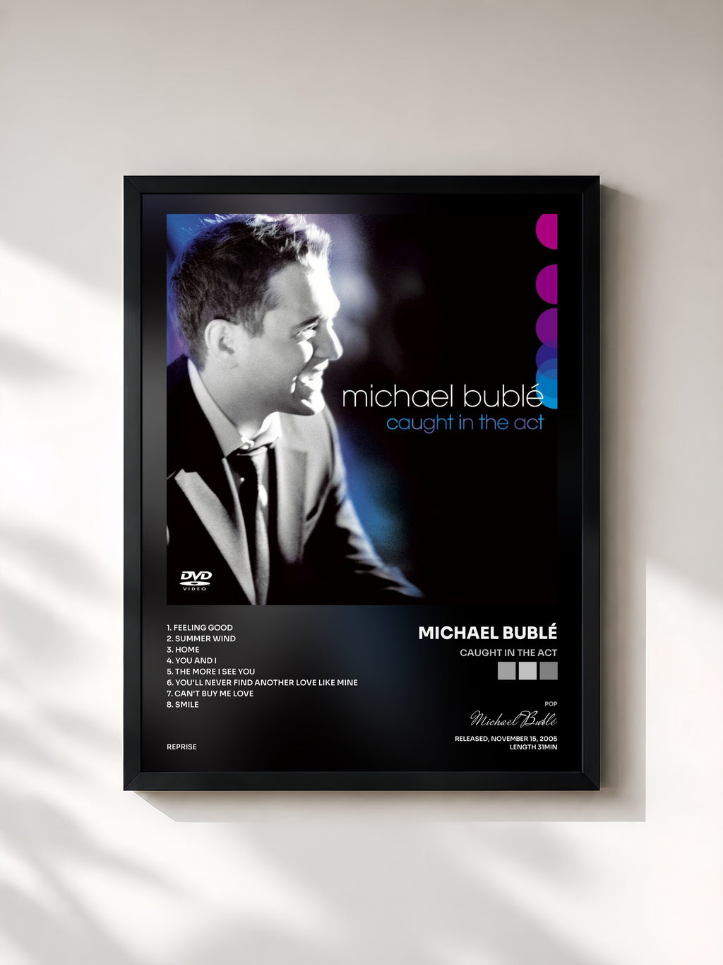 #noir Tableau de l'album Caught in the Act de Michael Bublé, cadre noir, imprimé et encadré en France