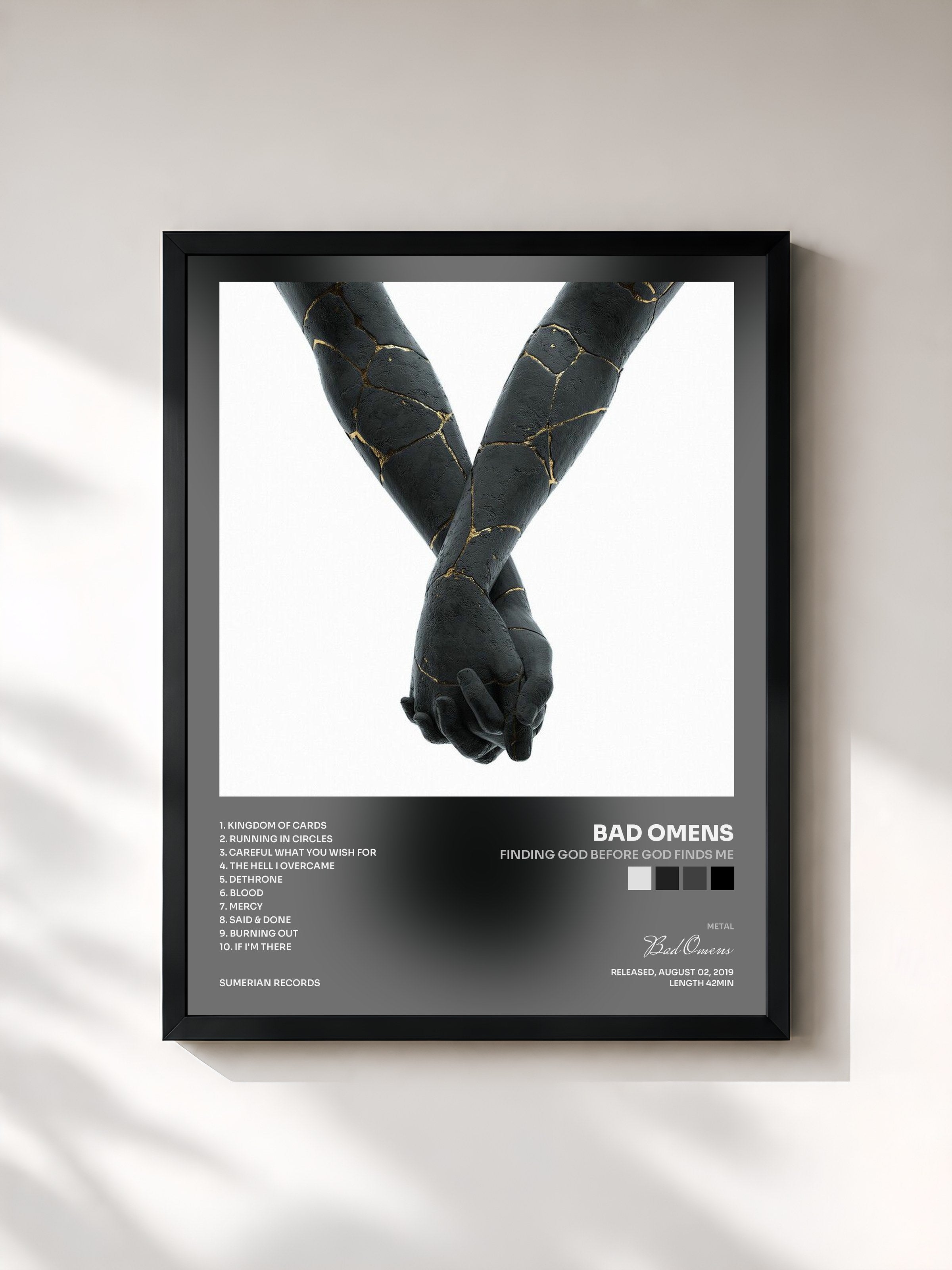 #noir Tableau de l'album Finding God Before God Finds Me de Bad Omens, cadre noir, imprimé et encadré en France