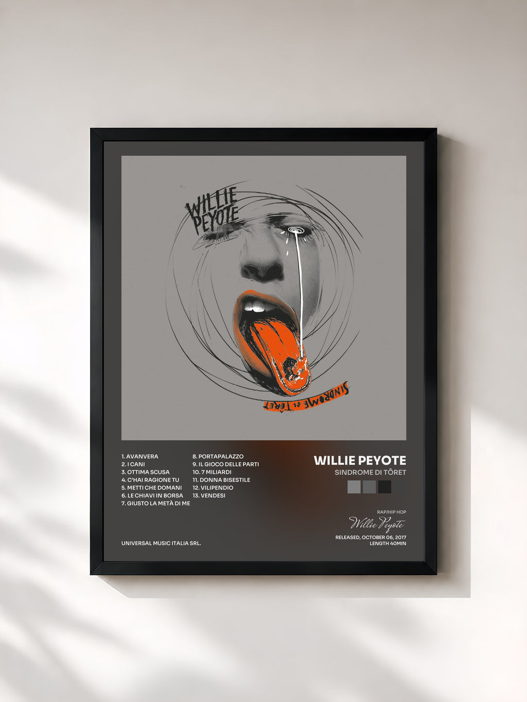 #noir Tableau de l'album Sindrome di Tôret de Willie Peyote, cadre noir, imprimé et encadré en France