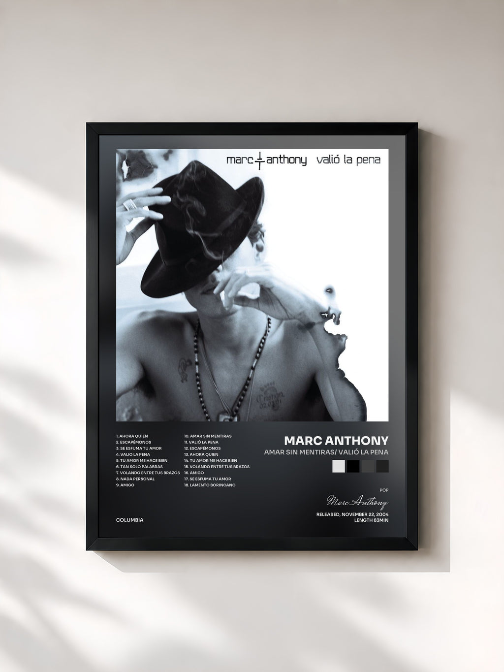 #noir Tableau de l'album Amar Sin Mentiras/ Valió La Pena de Marc Anthony, cadre noir, imprimé et encadré en France