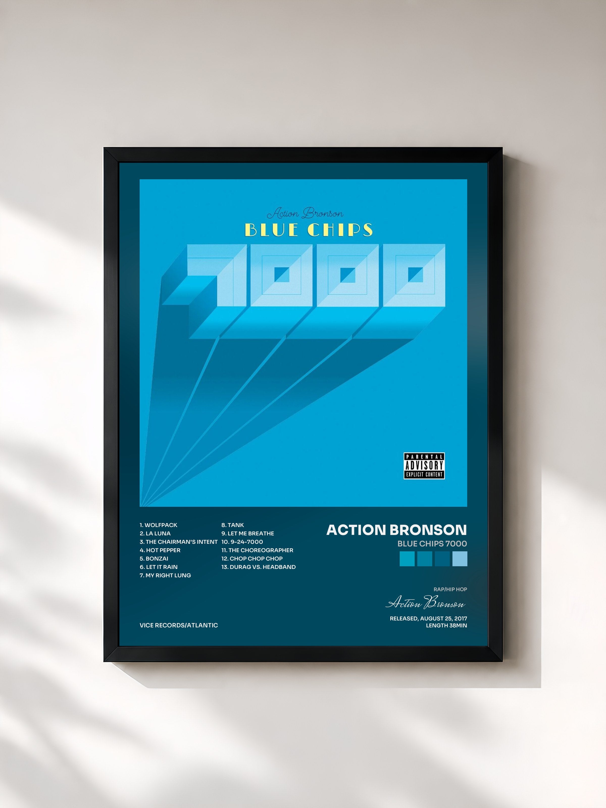 #noir Tableau de l'album Blue Chips 7000 de Action Bronson, cadre noir, imprimé et encadré en France