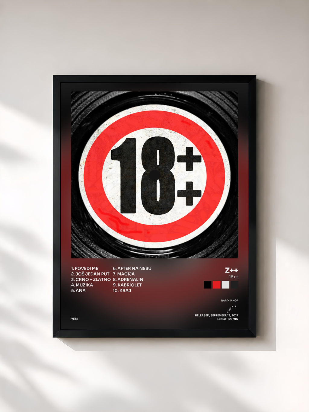 #noir Tableau de l'album 18++ de z++, cadre noir, imprimé et encadré en France