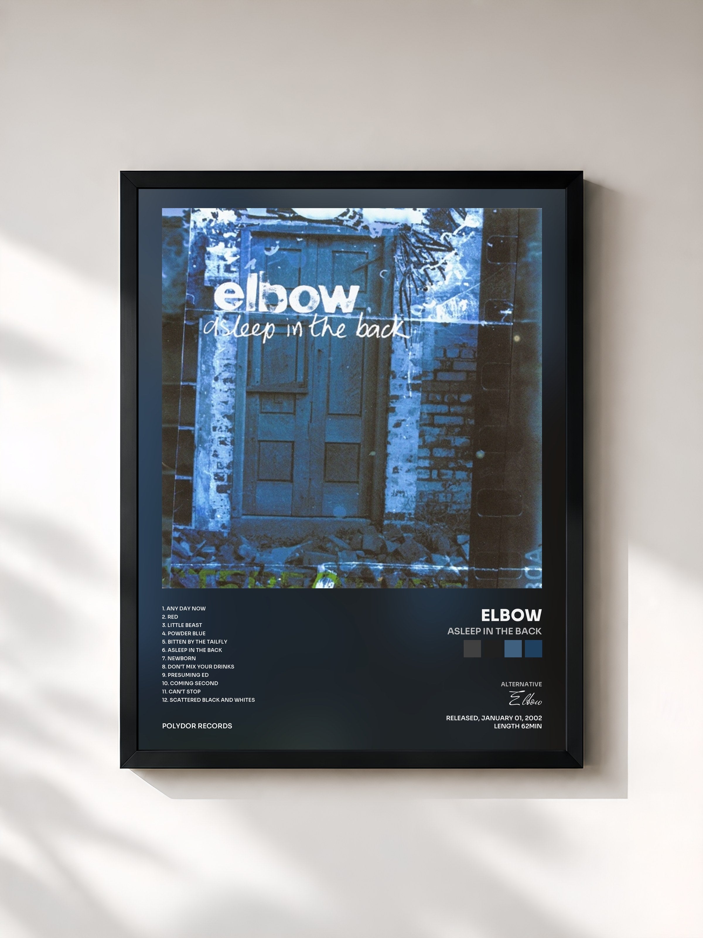 #noir Tableau de l'album Asleep In The Back de Elbow, cadre noir, imprimé et encadré en France
