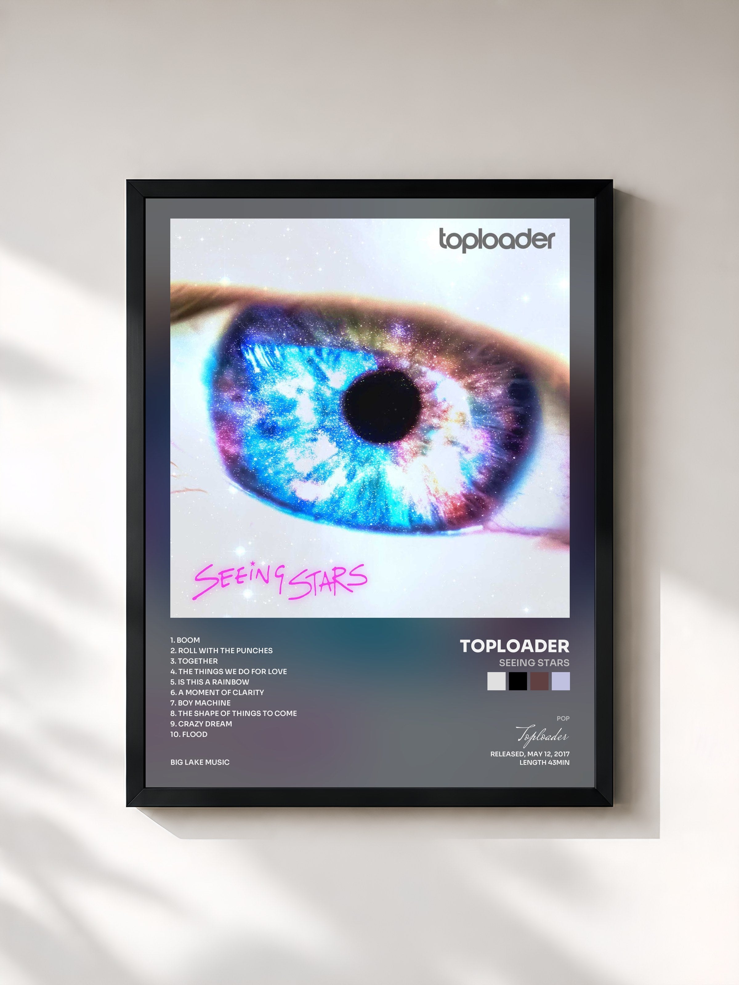 #noir Tableau de l'album Seeing Stars de Toploader, cadre noir, imprimé et encadré en France