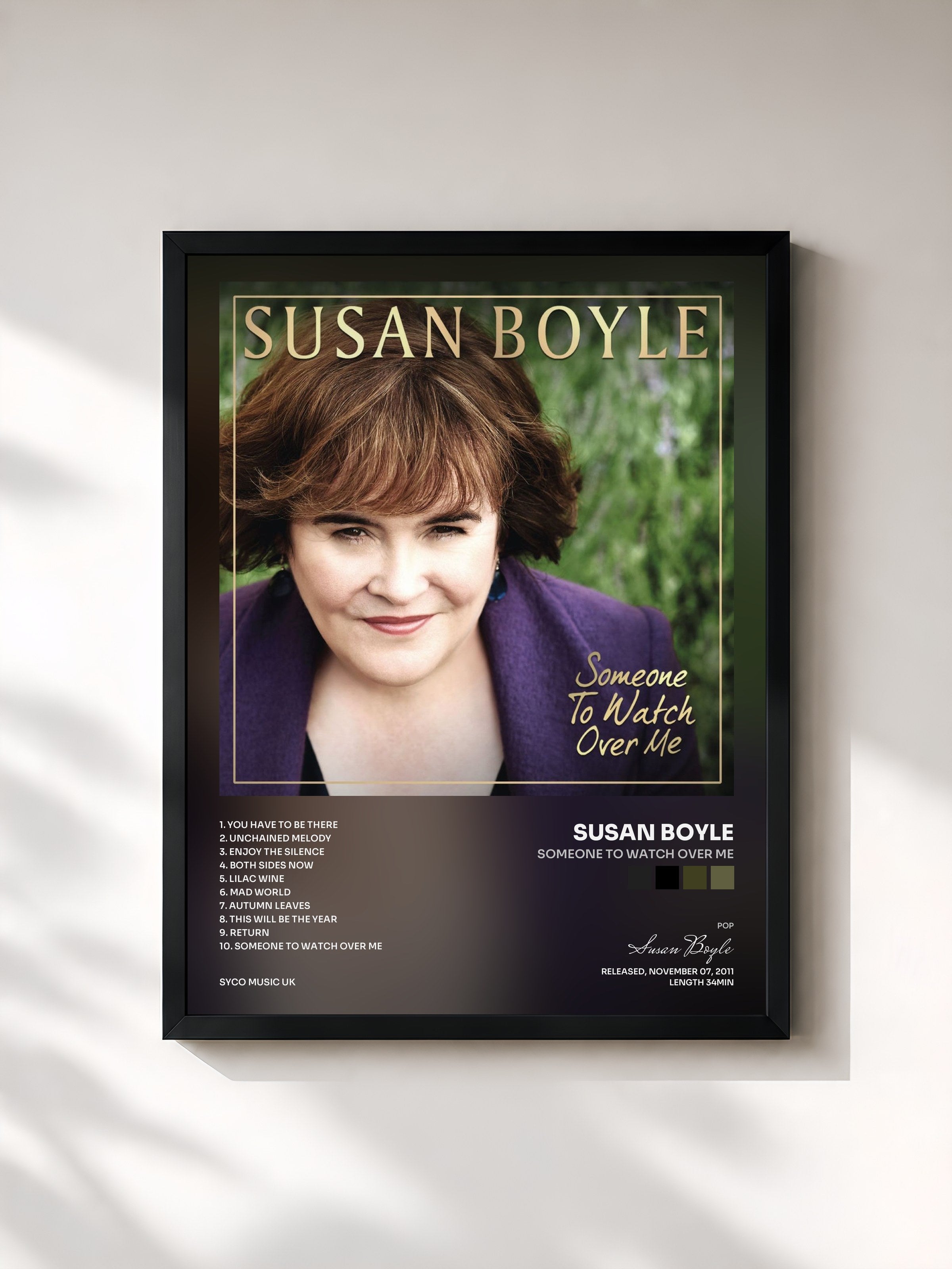 #noir Tableau de l'album Someone to Watch Over Me de Susan Boyle, cadre noir, imprimé et encadré en France