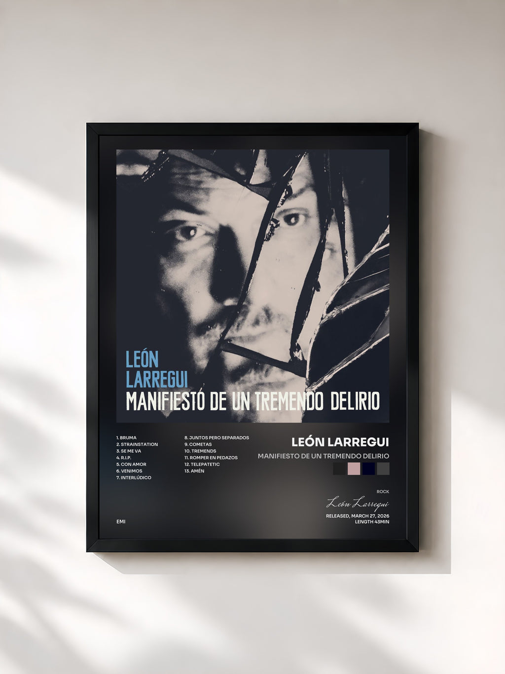 #noir Tableau de l'album Manifiesto de un Tremendo Delirio de León Larregui, cadre noir, imprimé et encadré en France