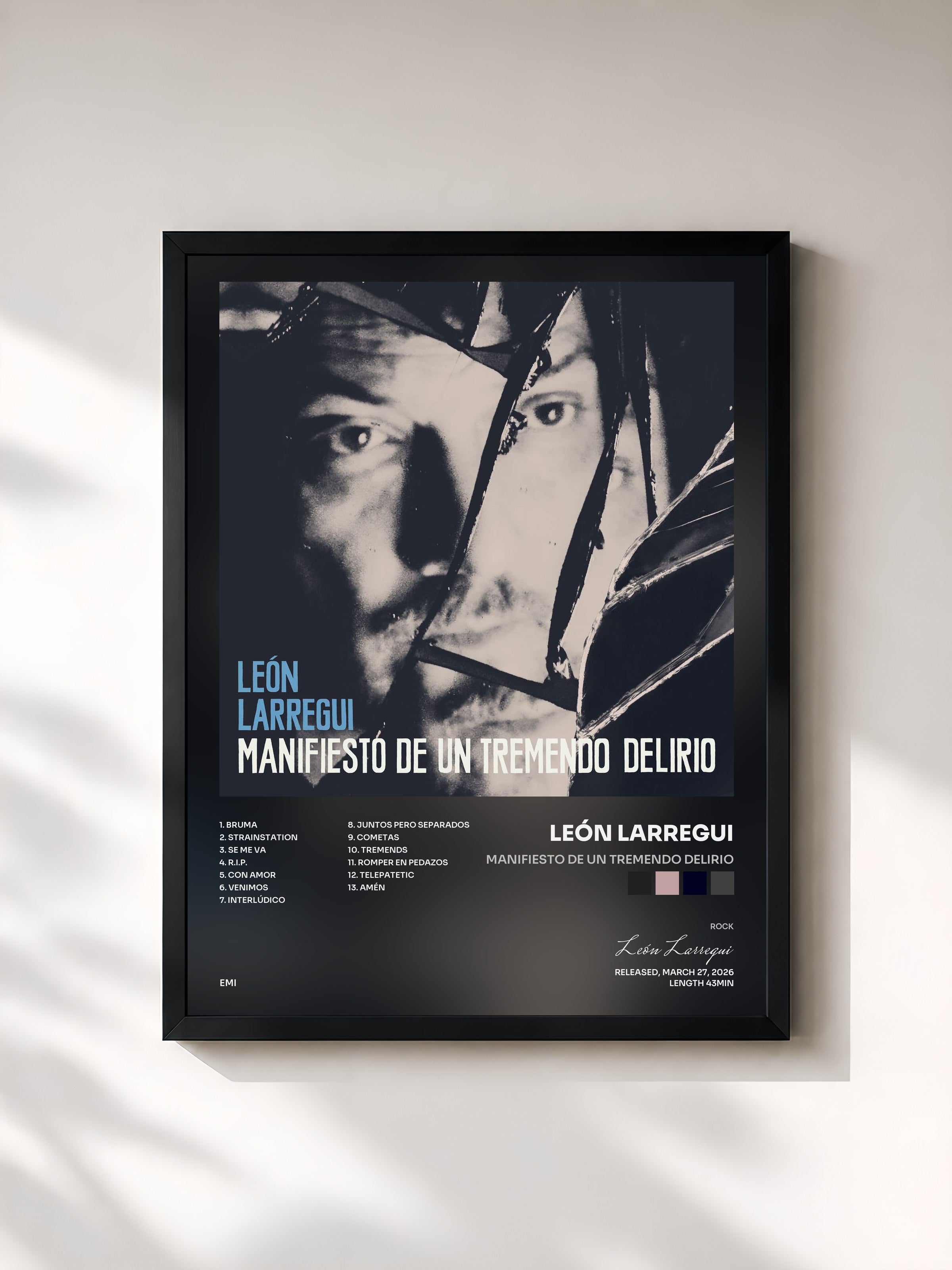 #noir Tableau de l'album Manifiesto de un Tremendo Delirio de León Larregui, cadre noir, imprimé et encadré en France