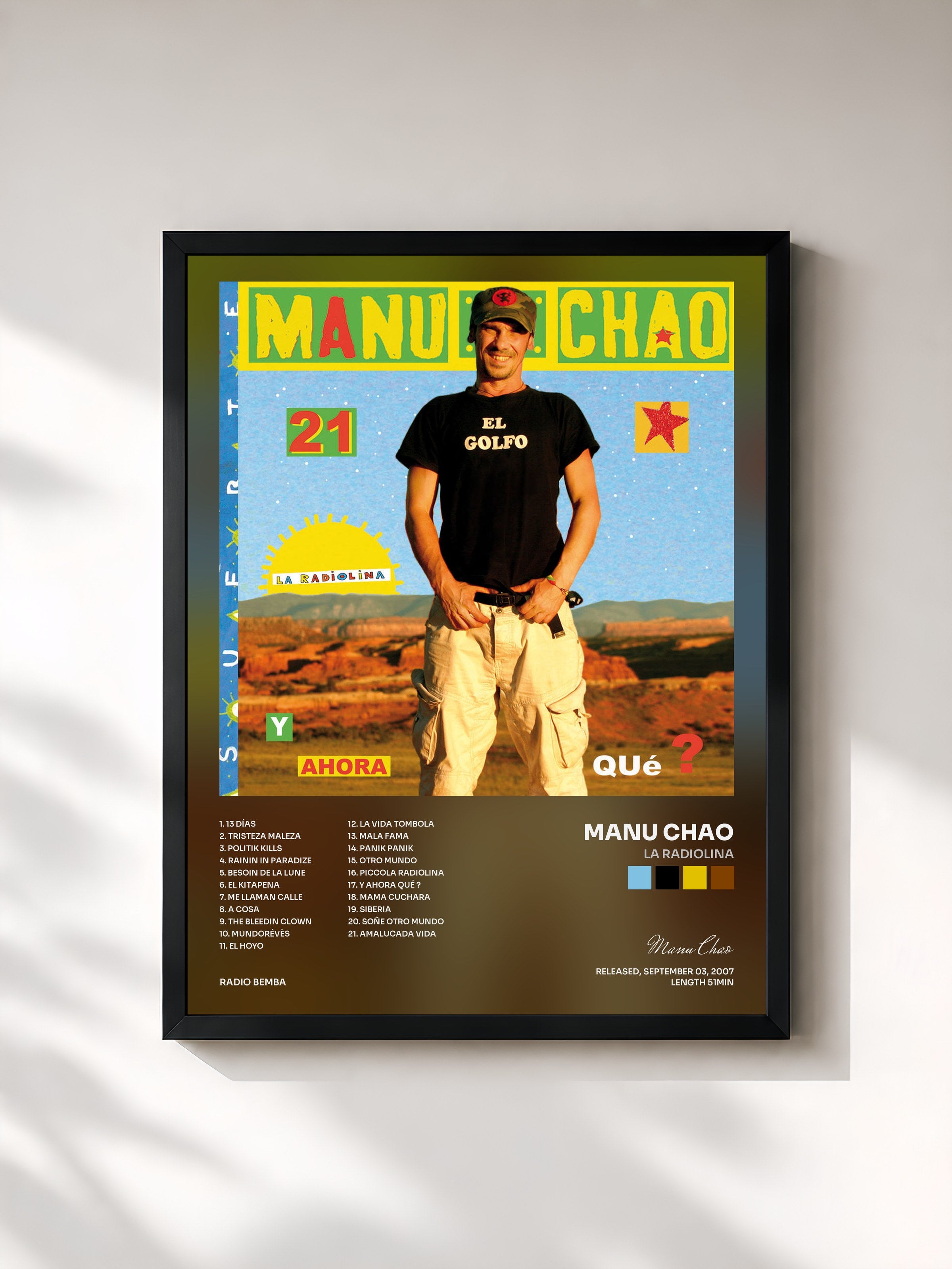 #noir Tableau de l'album La Radiolina de Manu Chao, cadre noir, imprimé et encadré en France