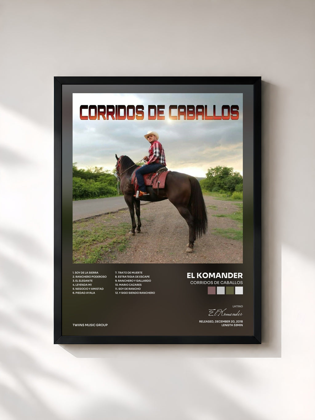 #noir Tableau de l'album Corridos De Caballos de El Komander, cadre noir, imprimé et encadré en France