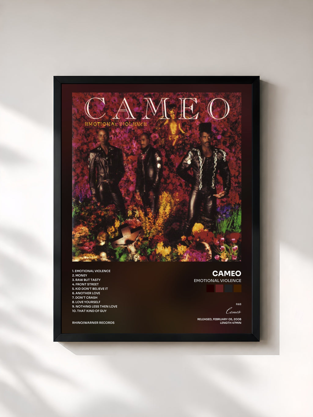 #noir Tableau de l'album Emotional Violence de Cameo, cadre noir, imprimé et encadré en France