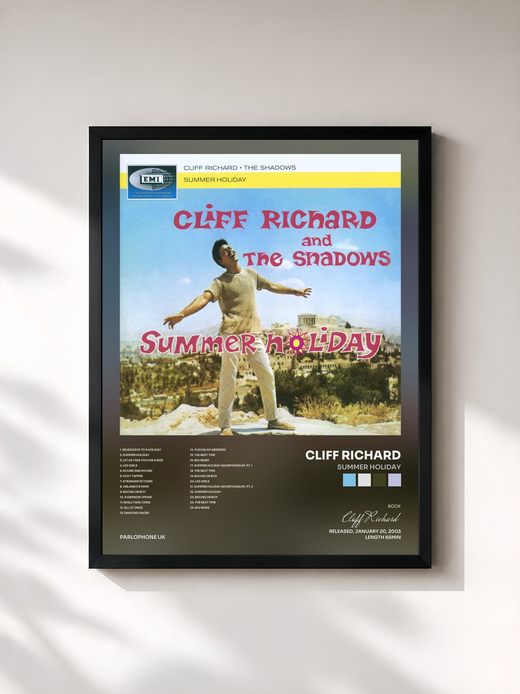 #noir Tableau de l'album Summer Holiday de Cliff Richard, cadre noir, imprimé et encadré en France