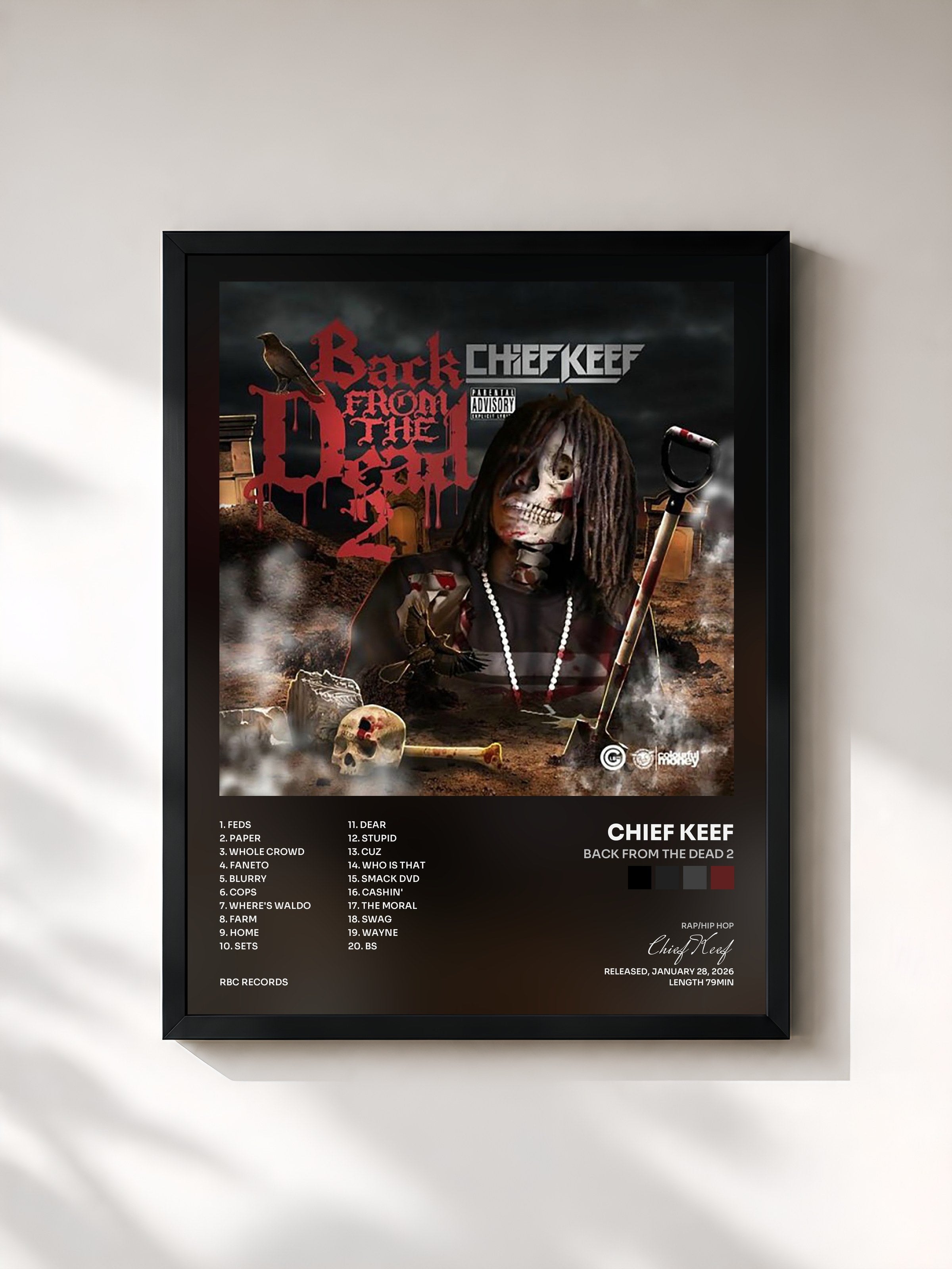 #noir Tableau de l'album Back from the Dead 2 de Chief Keef, cadre noir, imprimé et encadré en France