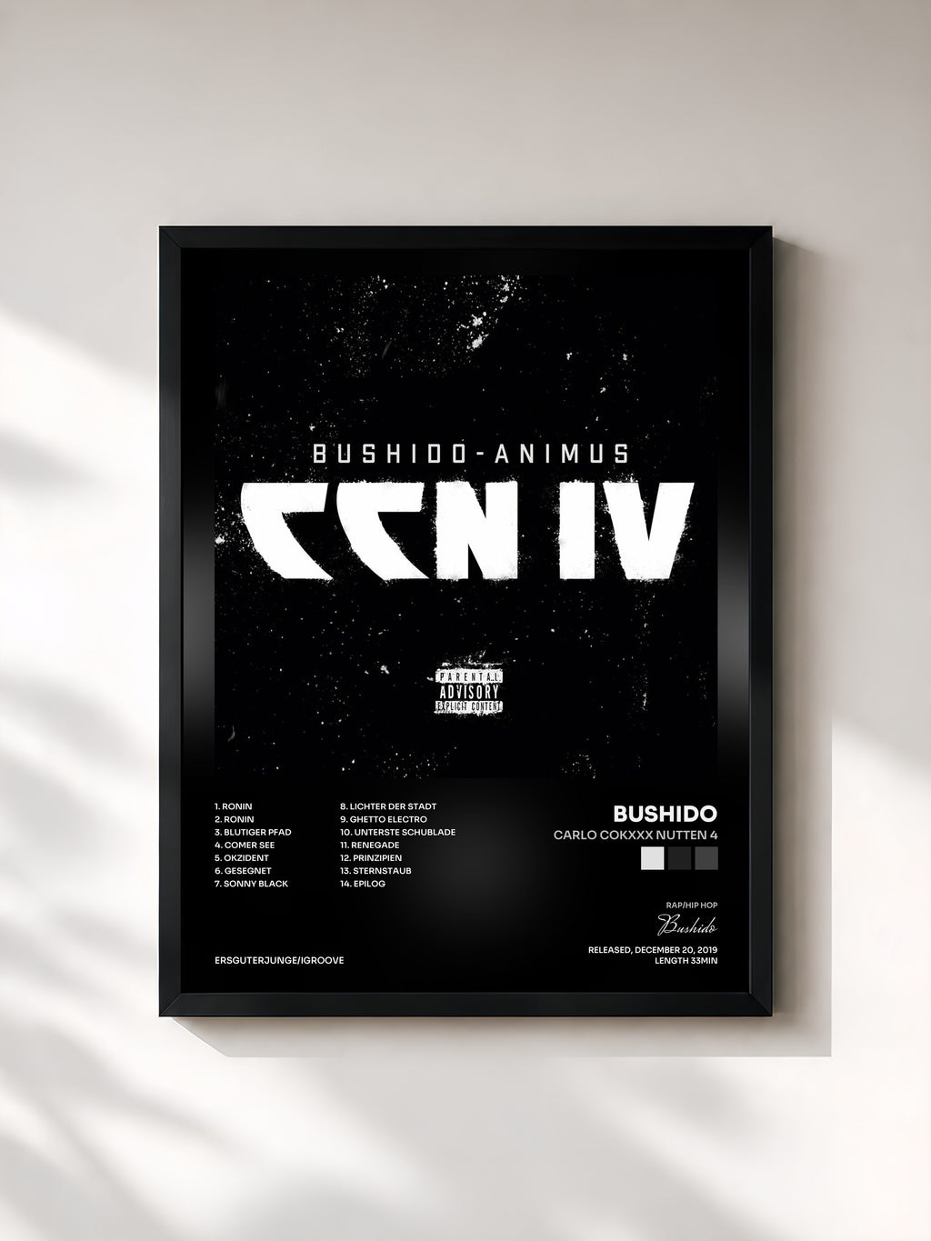 #noir Tableau de l'album Carlo Cokxxx Nutten 4 de Bushido, cadre noir, imprimé et encadré en France
