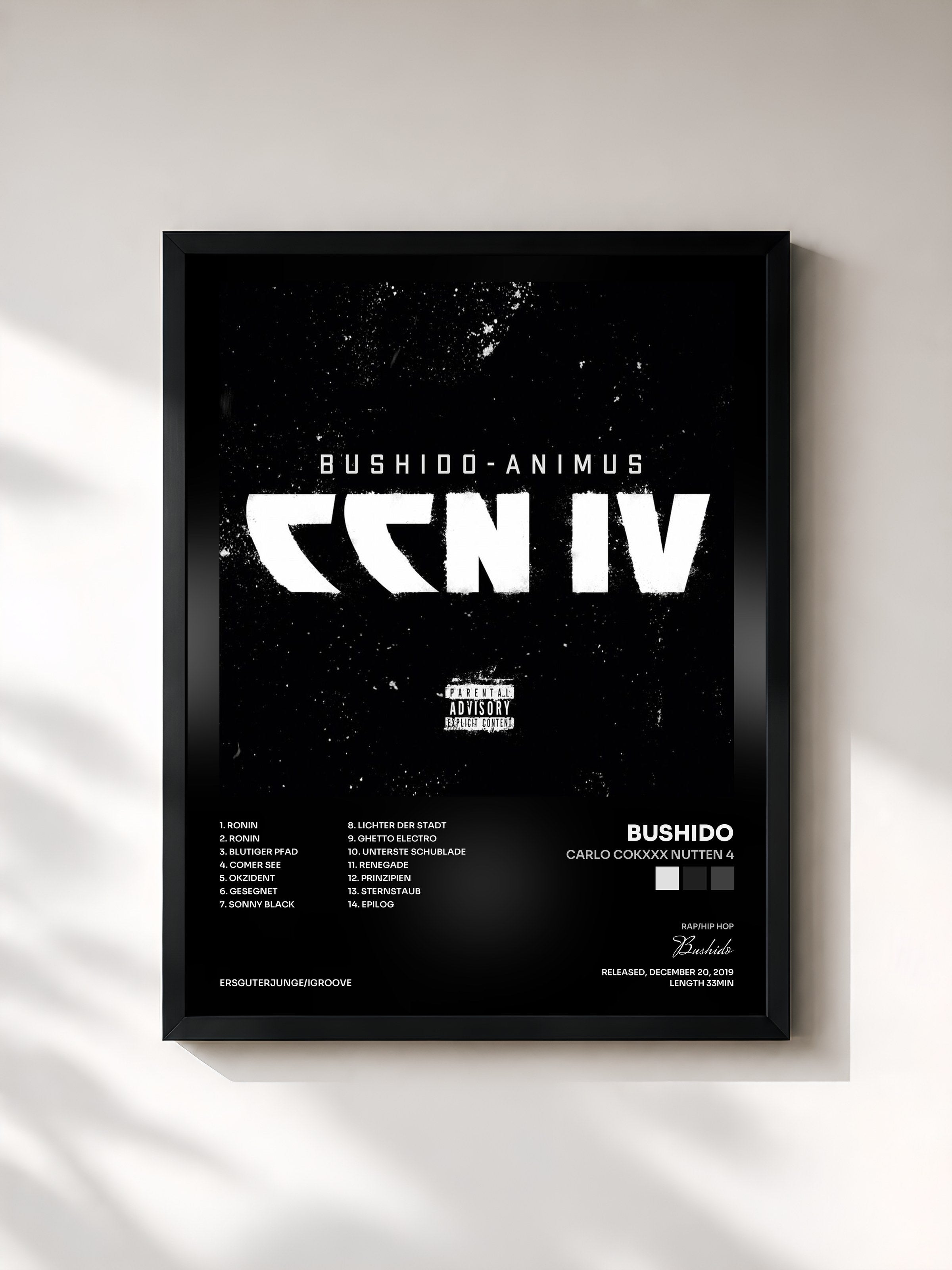 #noir Tableau de l'album Carlo Cokxxx Nutten 4 de Bushido, cadre noir, imprimé et encadré en France