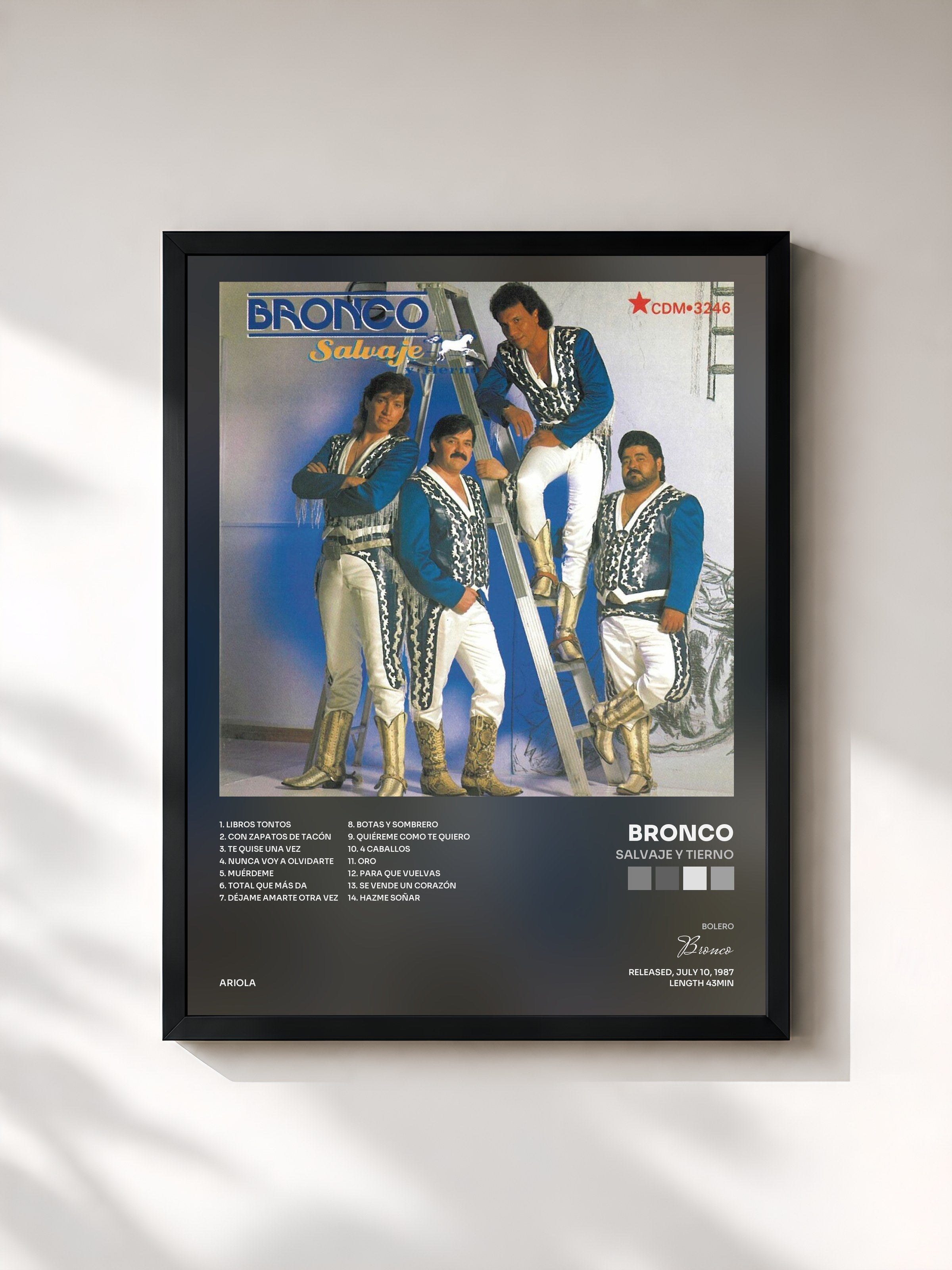 #noir Tableau de l'album Salvaje y Tierno de Bronco, cadre noir, imprimé et encadré en France