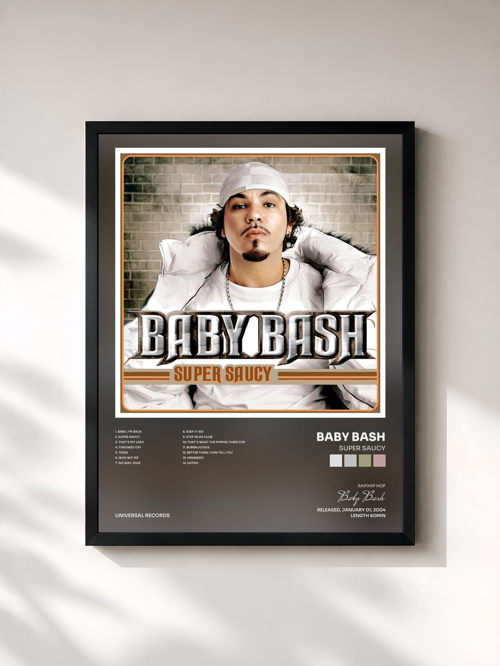 #noir Tableau de l'album Super Saucy de Baby Bash, cadre noir, imprimé et encadré en France