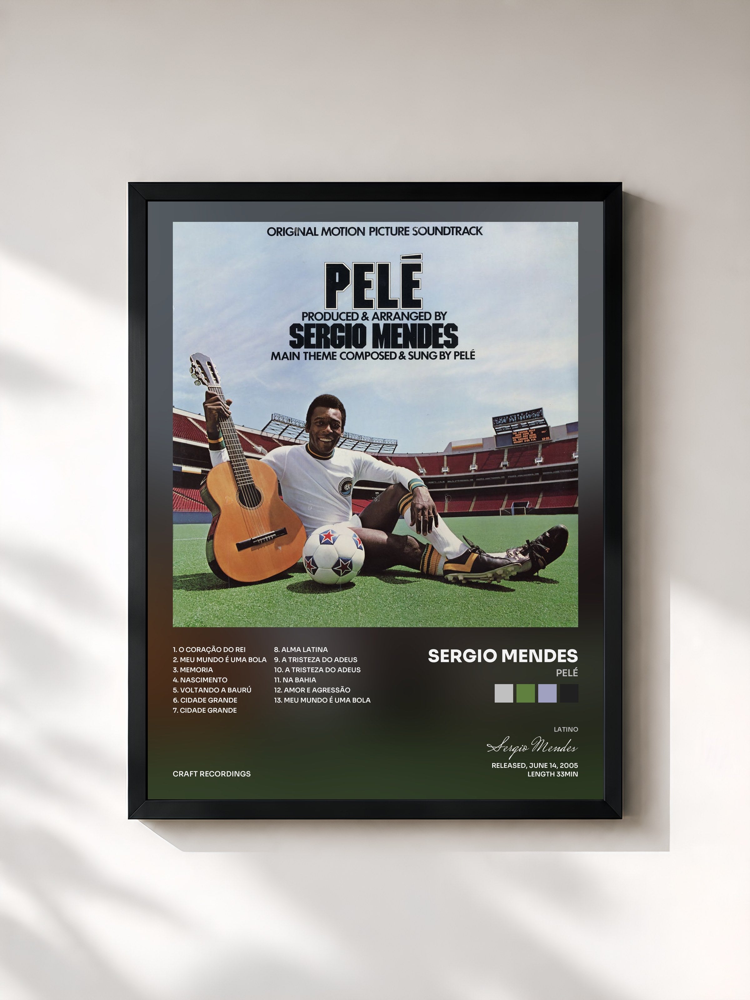 #noir Tableau de l'album Pelé de Sergio Mendes, cadre noir, imprimé et encadré en France