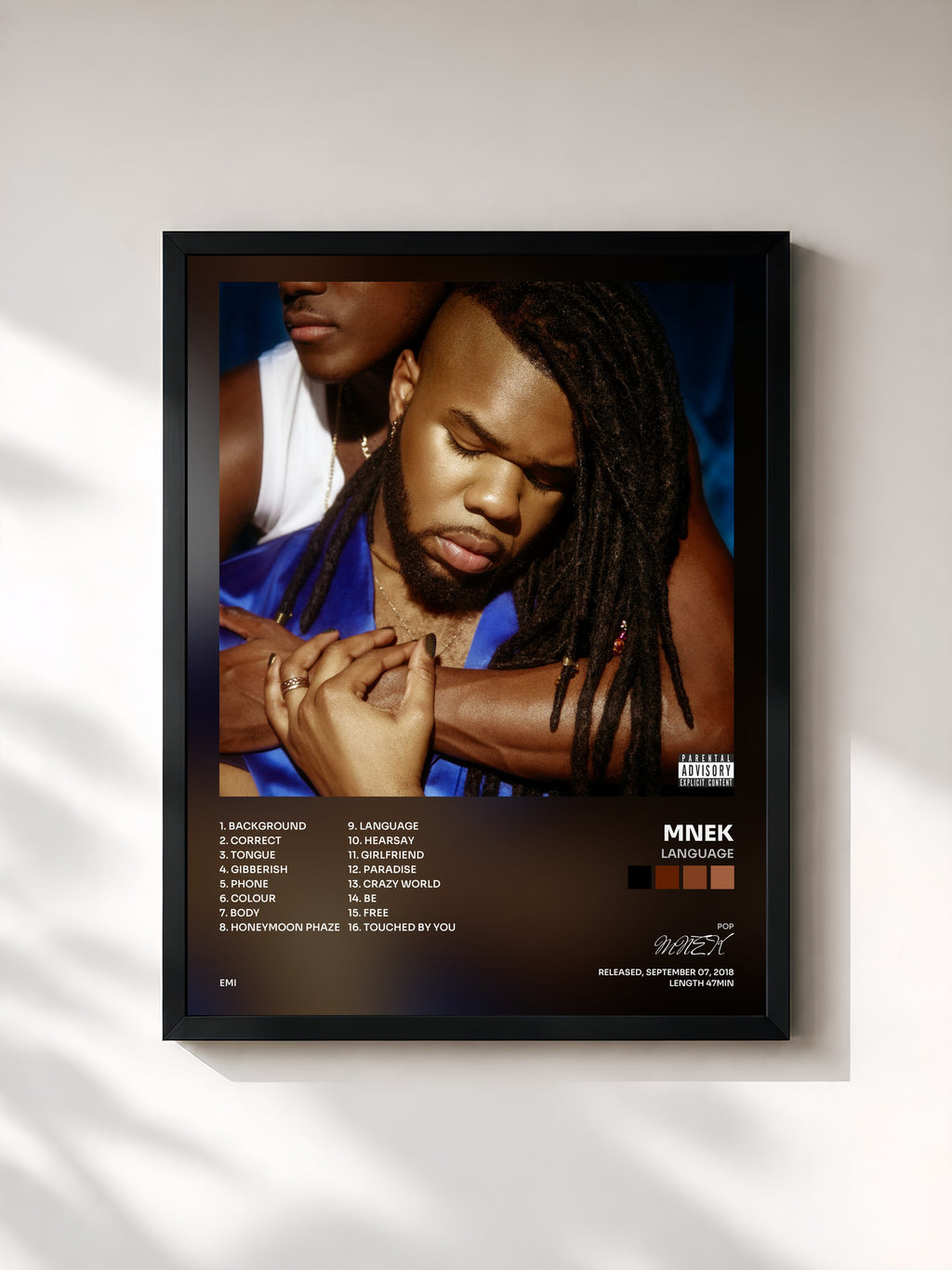 #noir Tableau de l'album Language de MNEK, cadre noir, imprimé et encadré en France