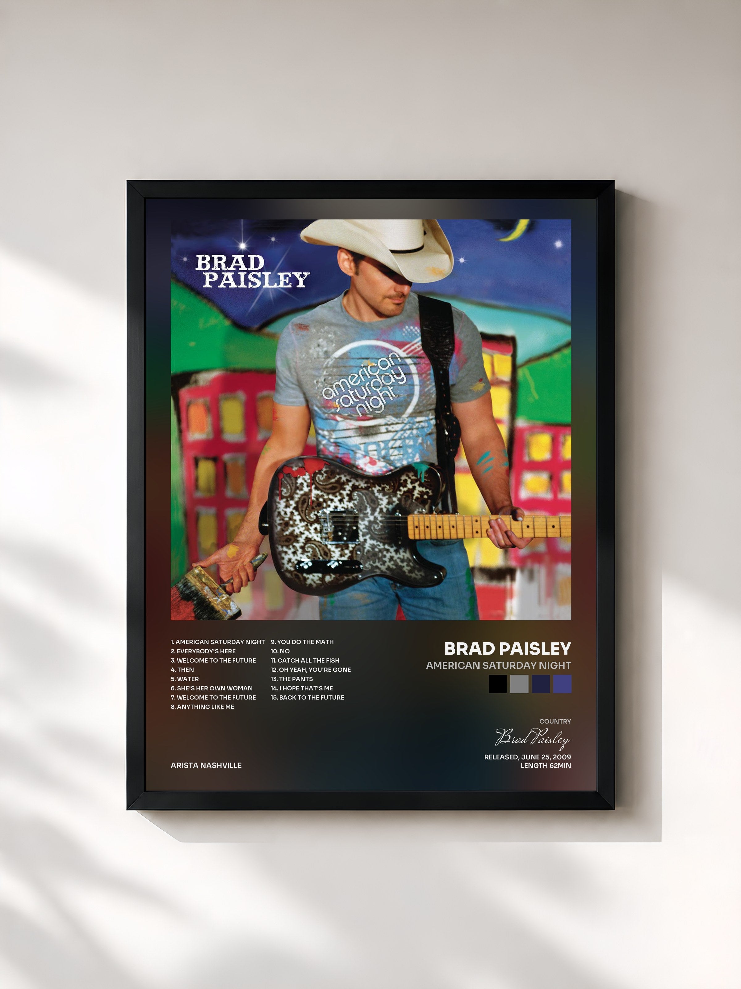 #noir Tableau de l'album American Saturday Night de Brad Paisley, cadre noir, imprimé et encadré en France