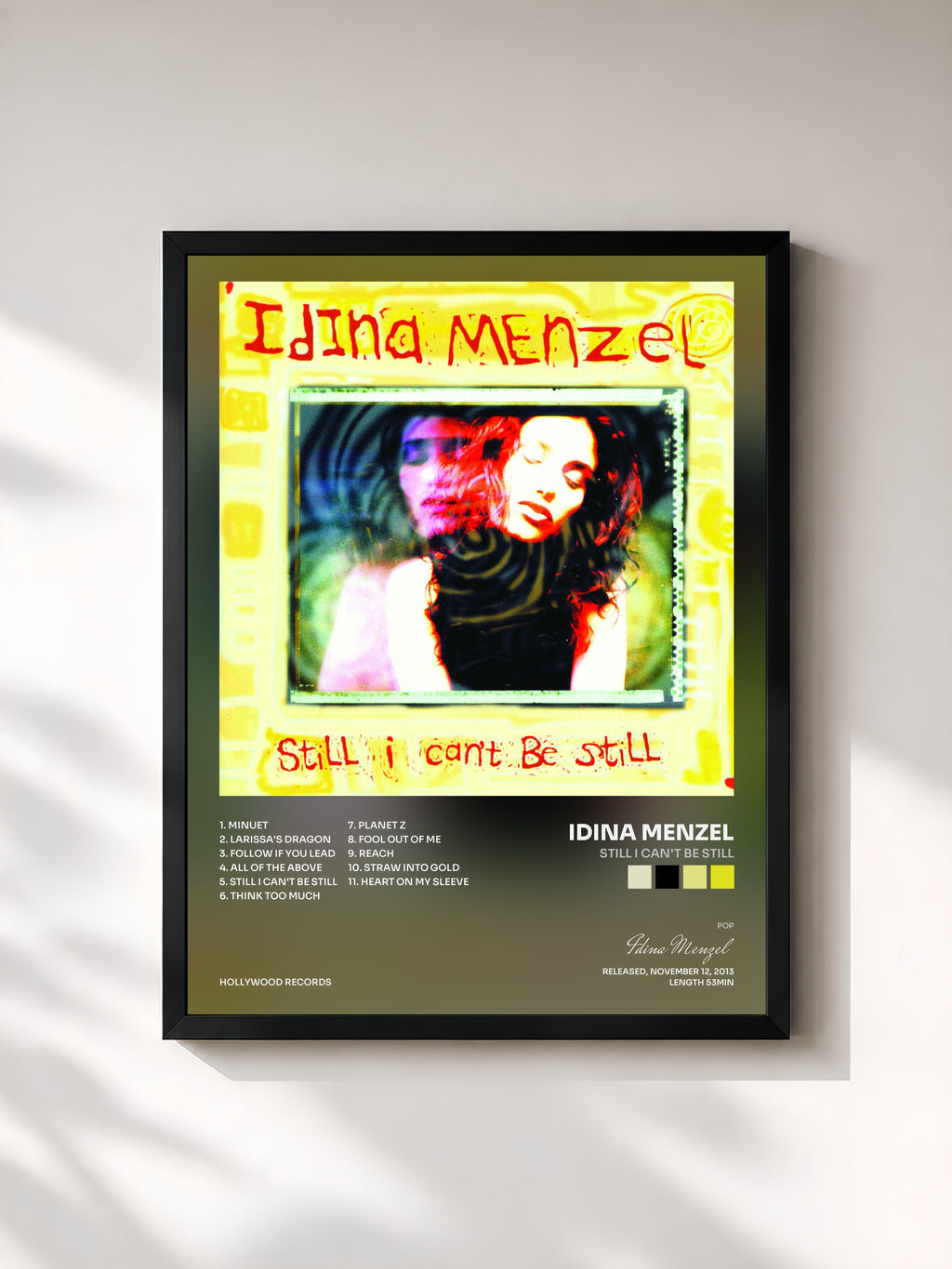 #noir Tableau de l'album Still I Can't Be Still de Idina Menzel, cadre noir, imprimé et encadré en France