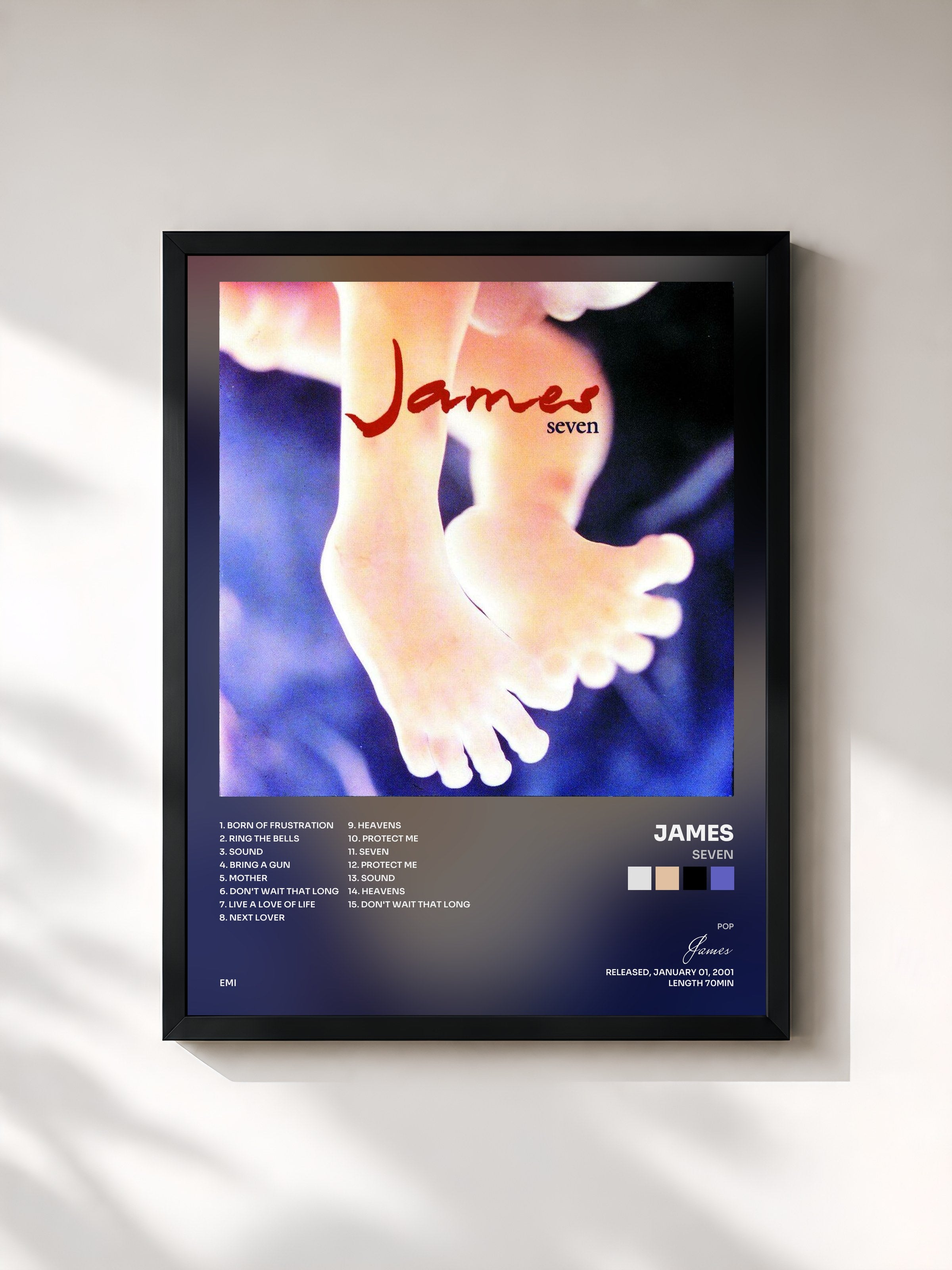 #noir Tableau de l'album Seven de James, cadre noir, imprimé et encadré en France