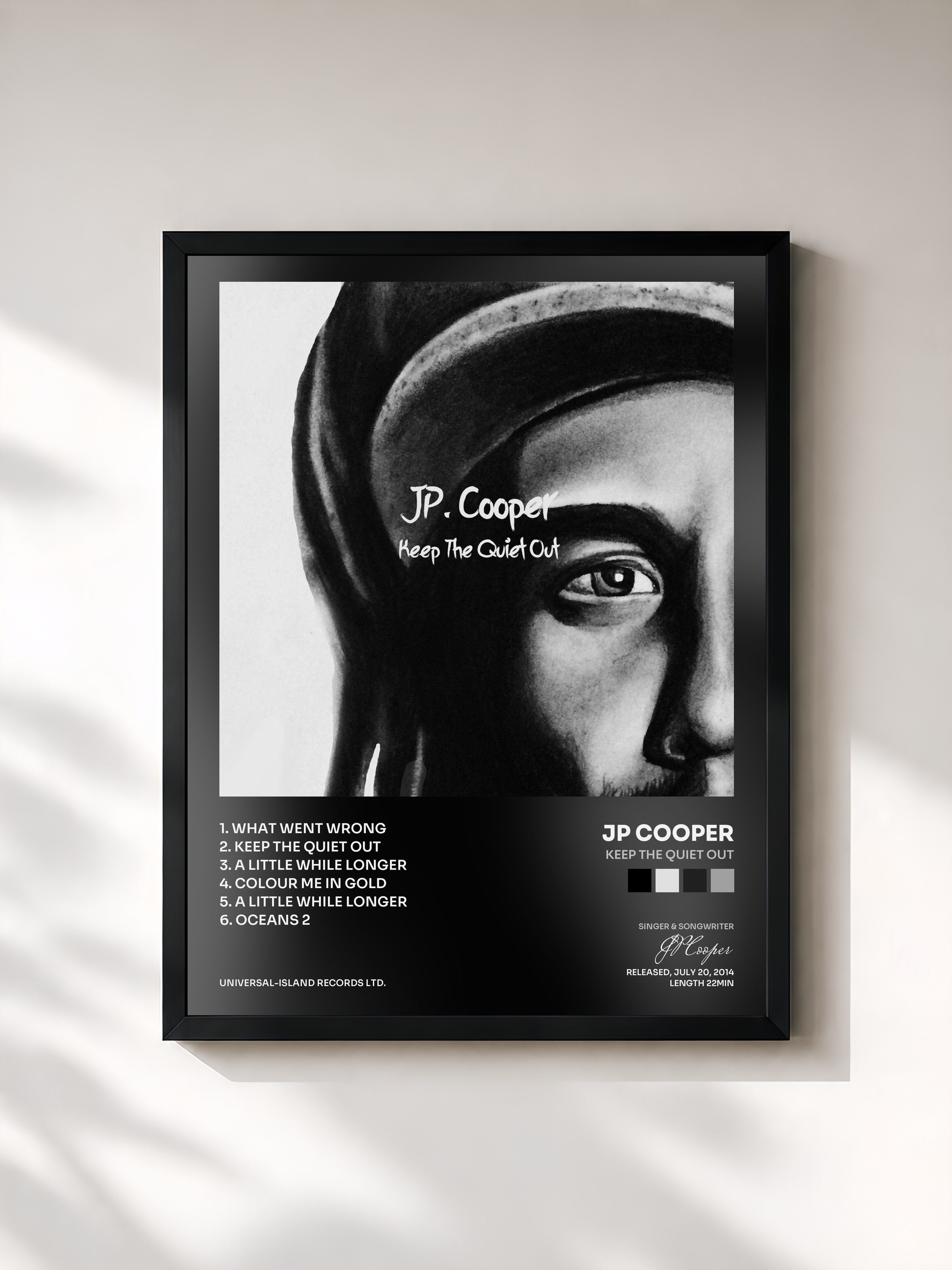 #noir Tableau de l'album Keep The Quiet Out de JP Cooper, cadre noir, imprimé et encadré en France
