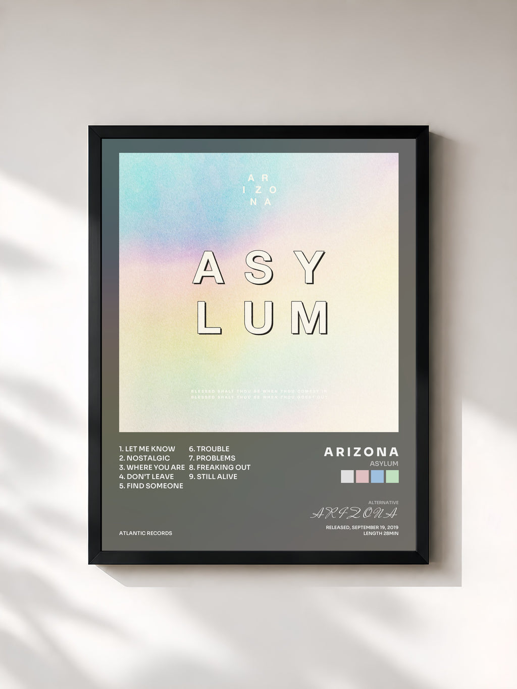 #noir Tableau de l'album ASYLUM de A R I Z O N A, cadre noir, imprimé et encadré en France