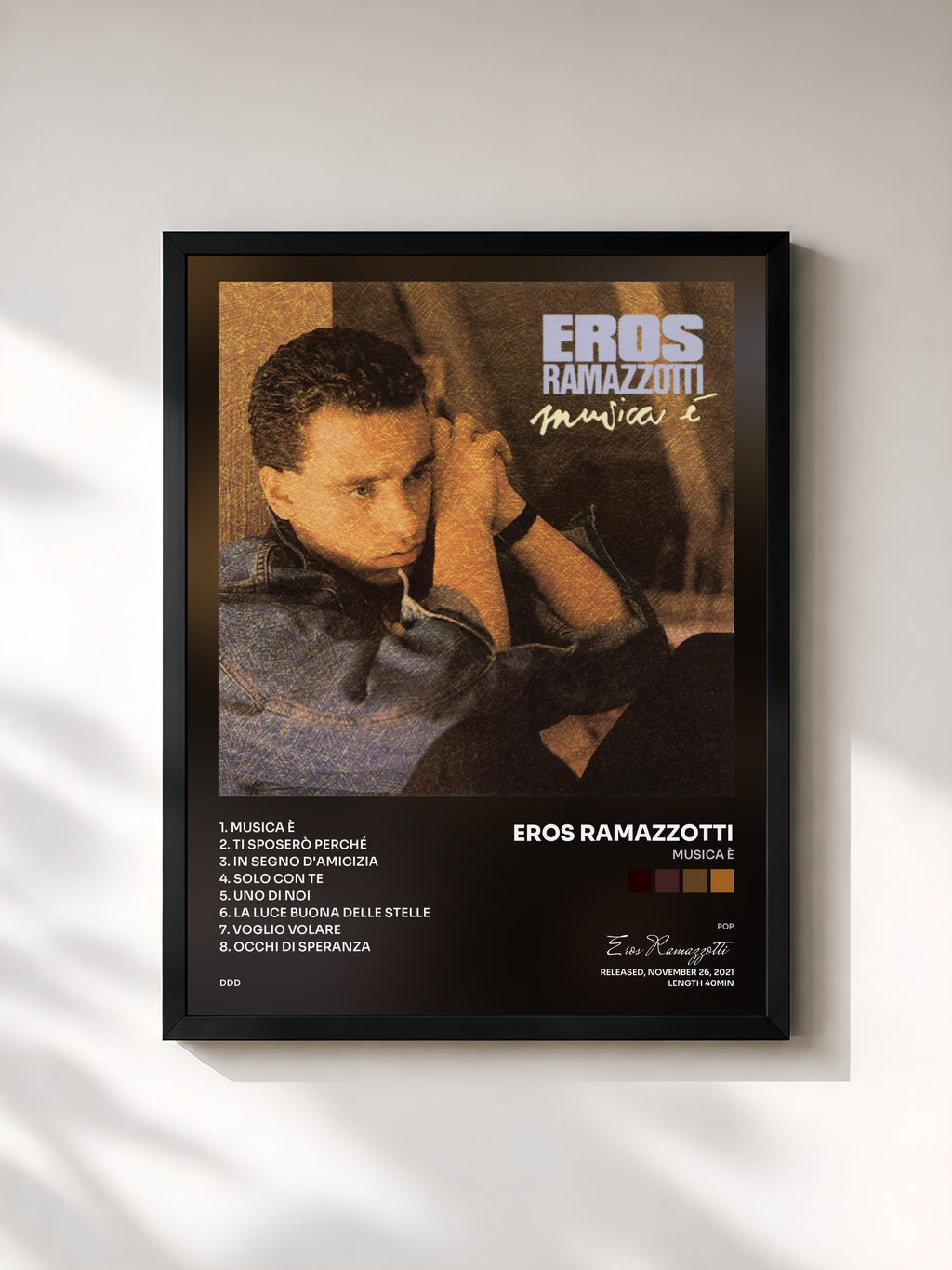 #noir Tableau de l'album Musica è de Eros Ramazzotti, cadre noir, imprimé et encadré en France
