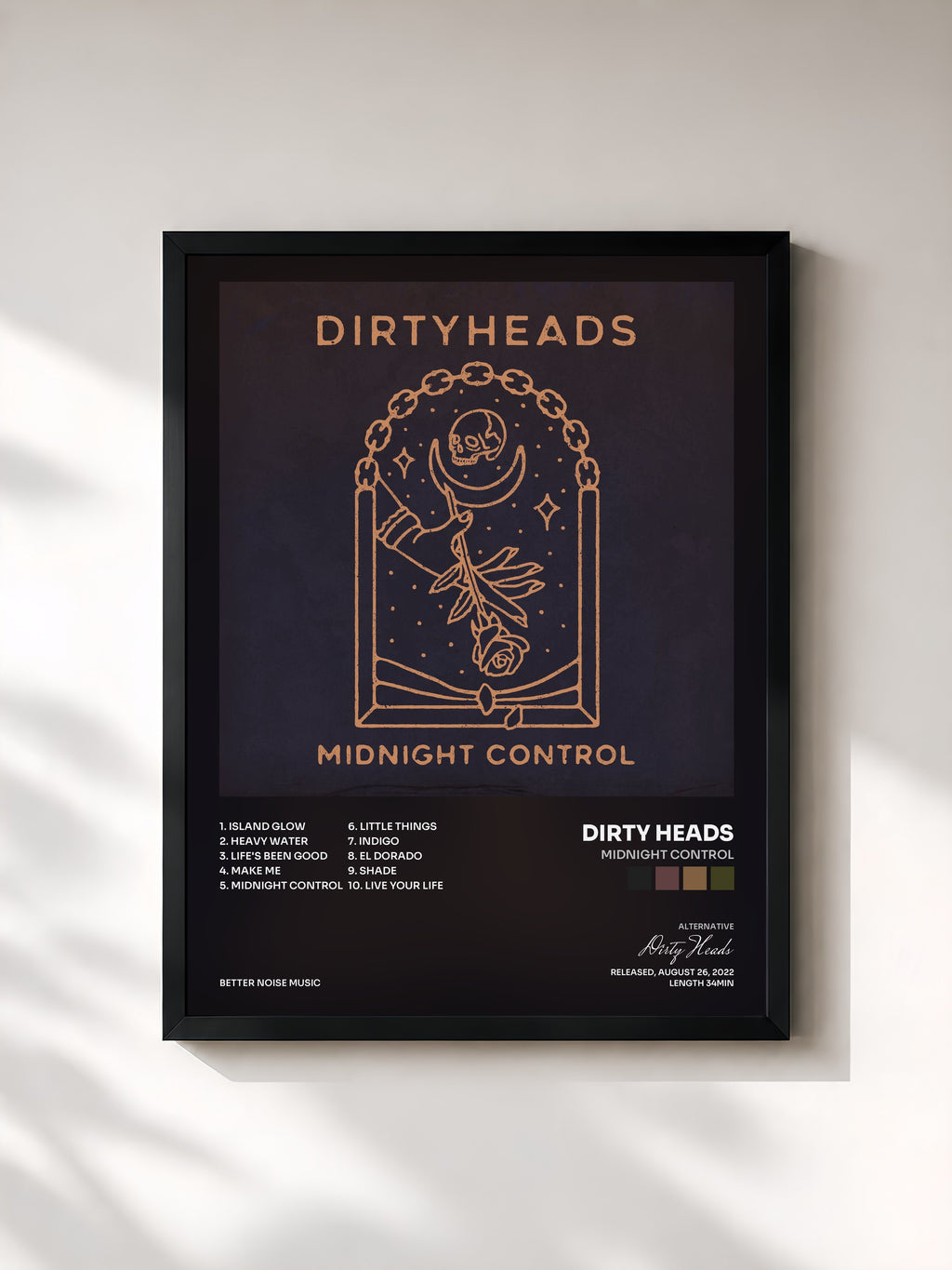 #noir Tableau de l'album Midnight Control de Dirty Heads, cadre noir, imprimé et encadré en France