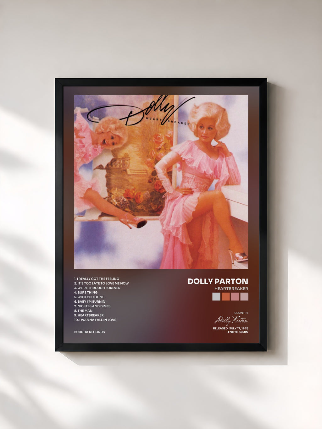 #noir Tableau de l'album Heartbreaker de Dolly Parton, cadre noir, imprimé et encadré en France