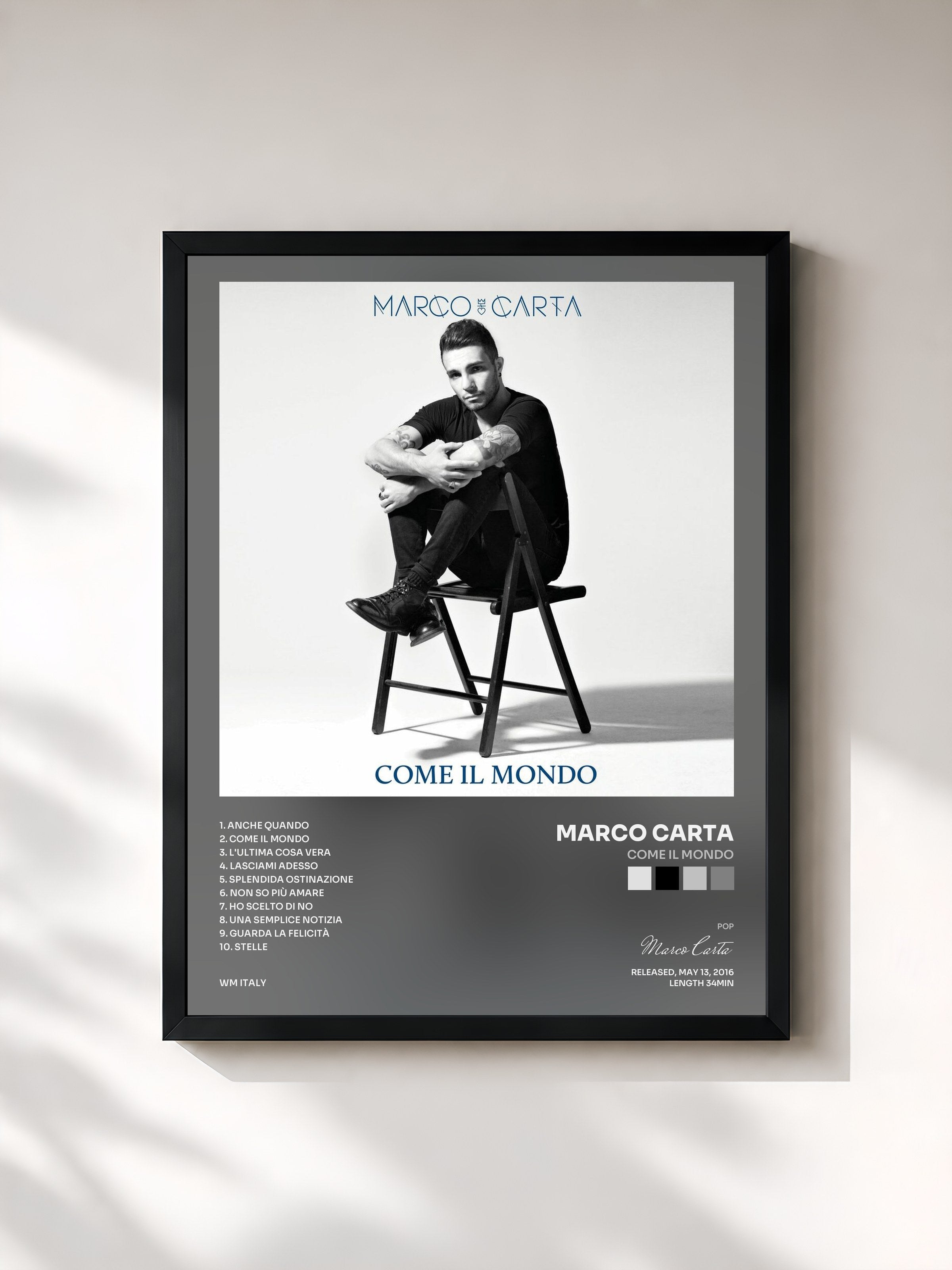 #noir Tableau de l'album Come il mondo de Marco Carta, cadre noir, imprimé et encadré en France