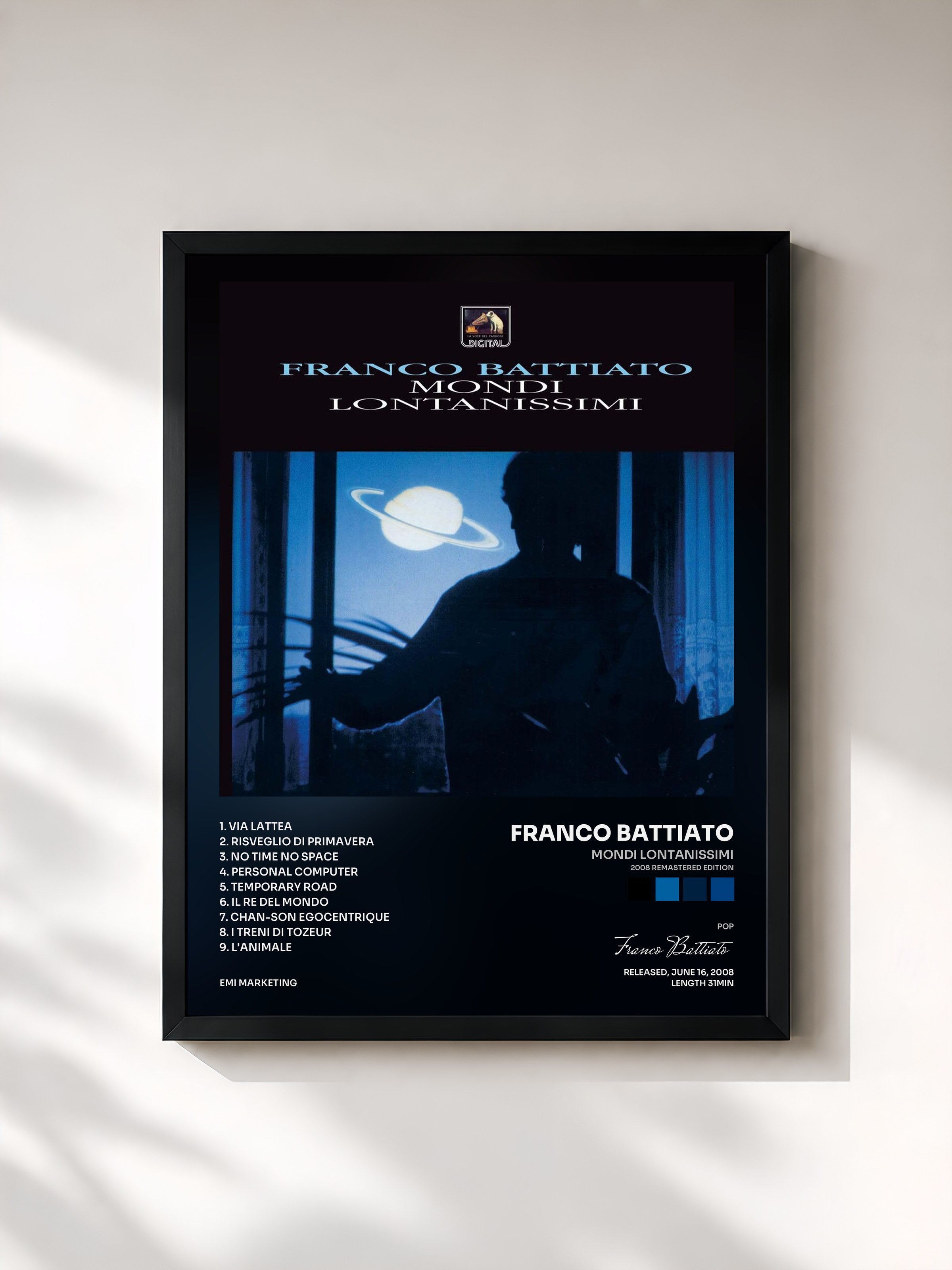 #noir Tableau de l'album Mondi Lontanissimi (2008 Remastered Edition) de Franco Battiato, cadre noir, imprimé et encadré en France