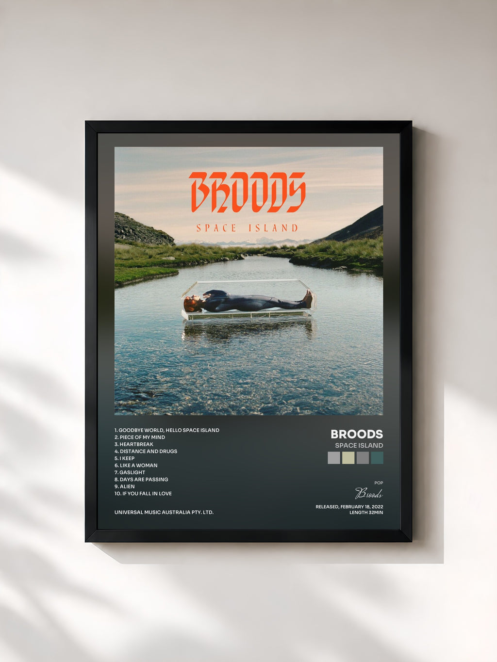 #noir Tableau de l'album Space Island de Broods, cadre noir, imprimé et encadré en France