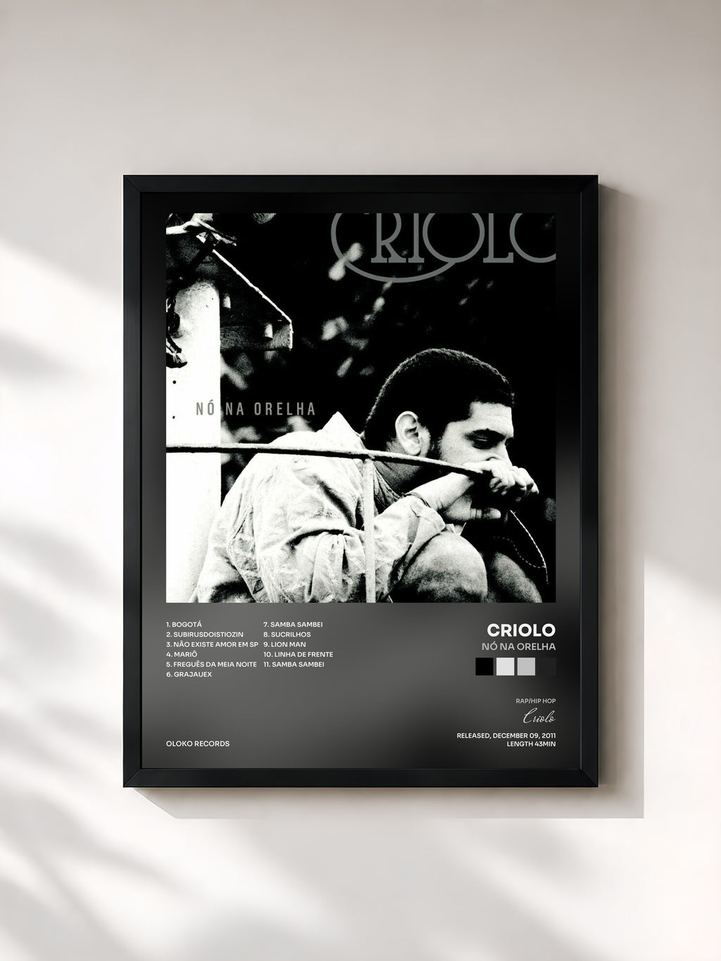 #noir Tableau de l'album Nó na Orelha de Criolo, cadre noir, imprimé et encadré en France
