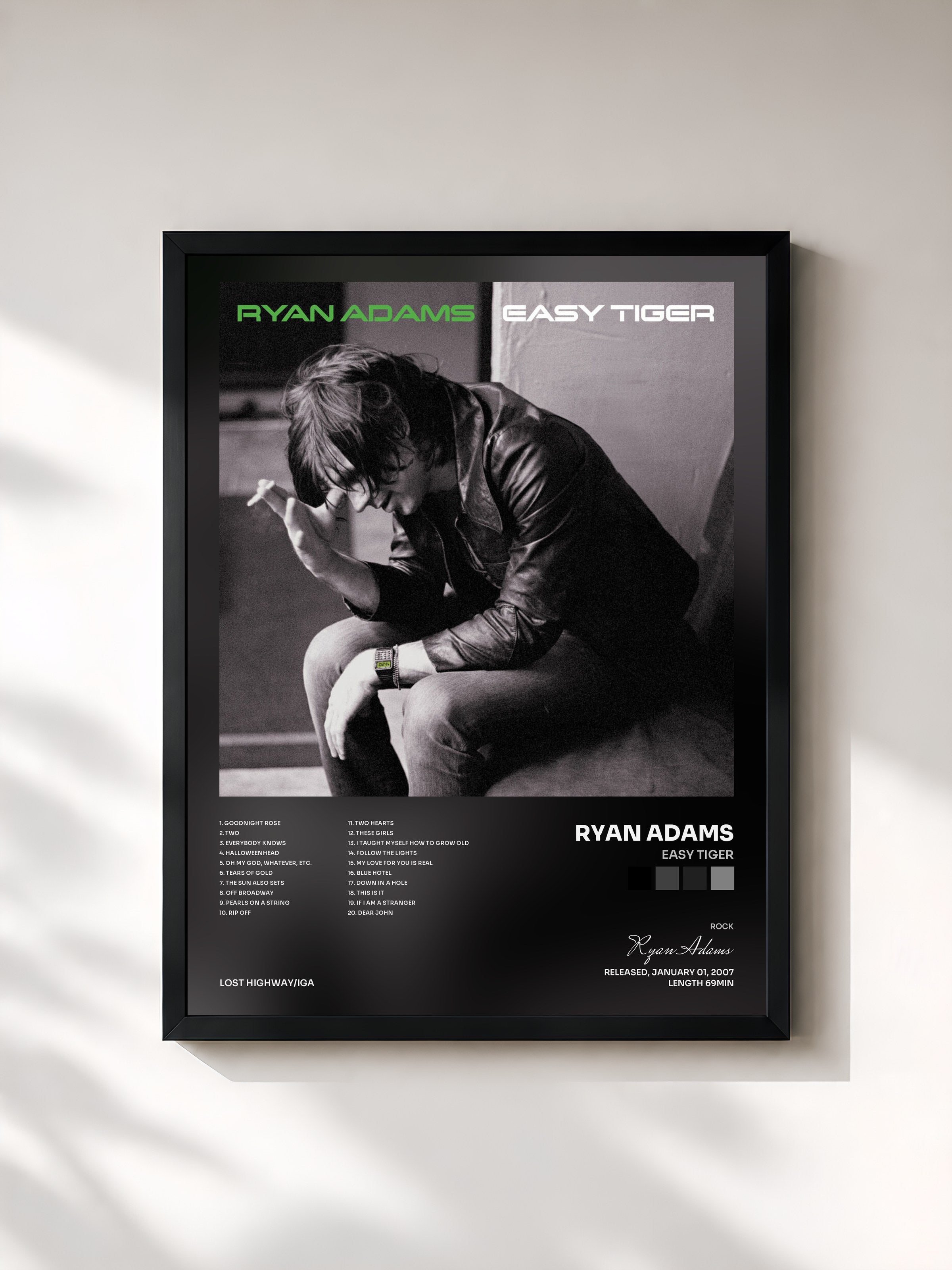 #noir Tableau de l'album Easy Tiger de Ryan Adams, cadre noir, imprimé et encadré en France