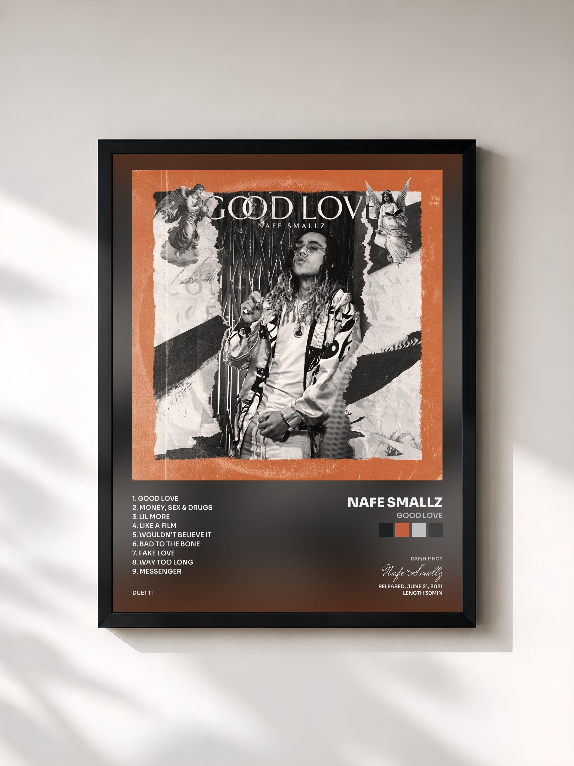 #noir Tableau de l'album Good Love de Nafe Smallz, cadre noir, imprimé et encadré en France