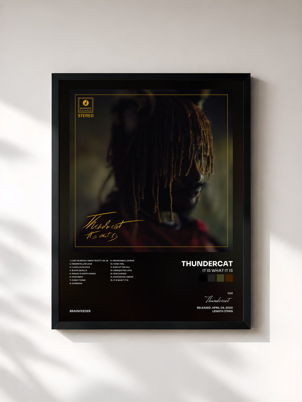 #noir Tableau de l'album It Is What It Is de Thundercat, cadre noir, imprimé et encadré en France