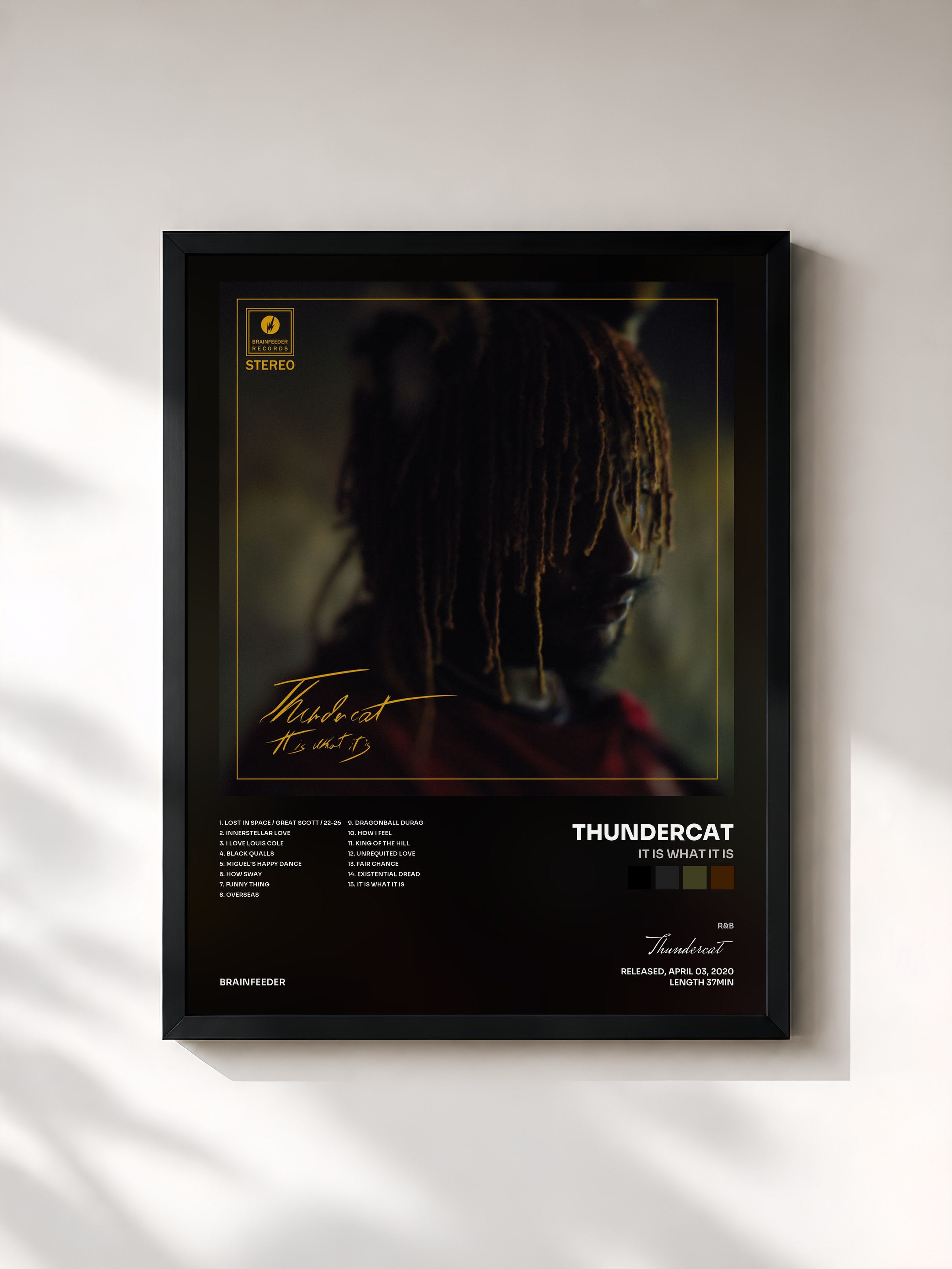 #noir Tableau de l'album It Is What It Is de Thundercat, cadre noir, imprimé et encadré en France